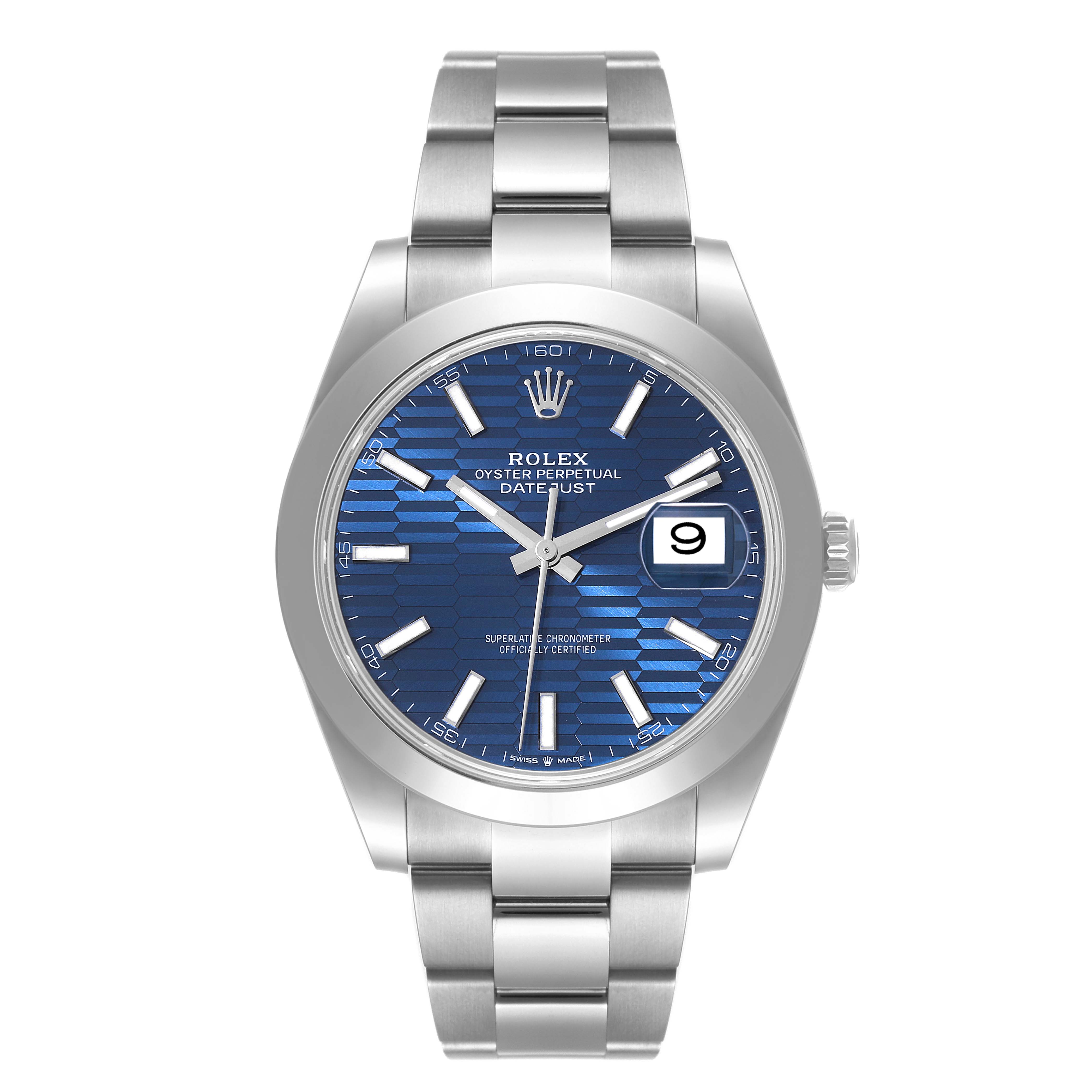 This image shows a front view of a Rolex Datejust 41 126300 Men
s Stainless Steel Blue Dial 126300 Men
s Stainless Steel Blue Dial watch with a blue patterned dial and silver metal bracelet.