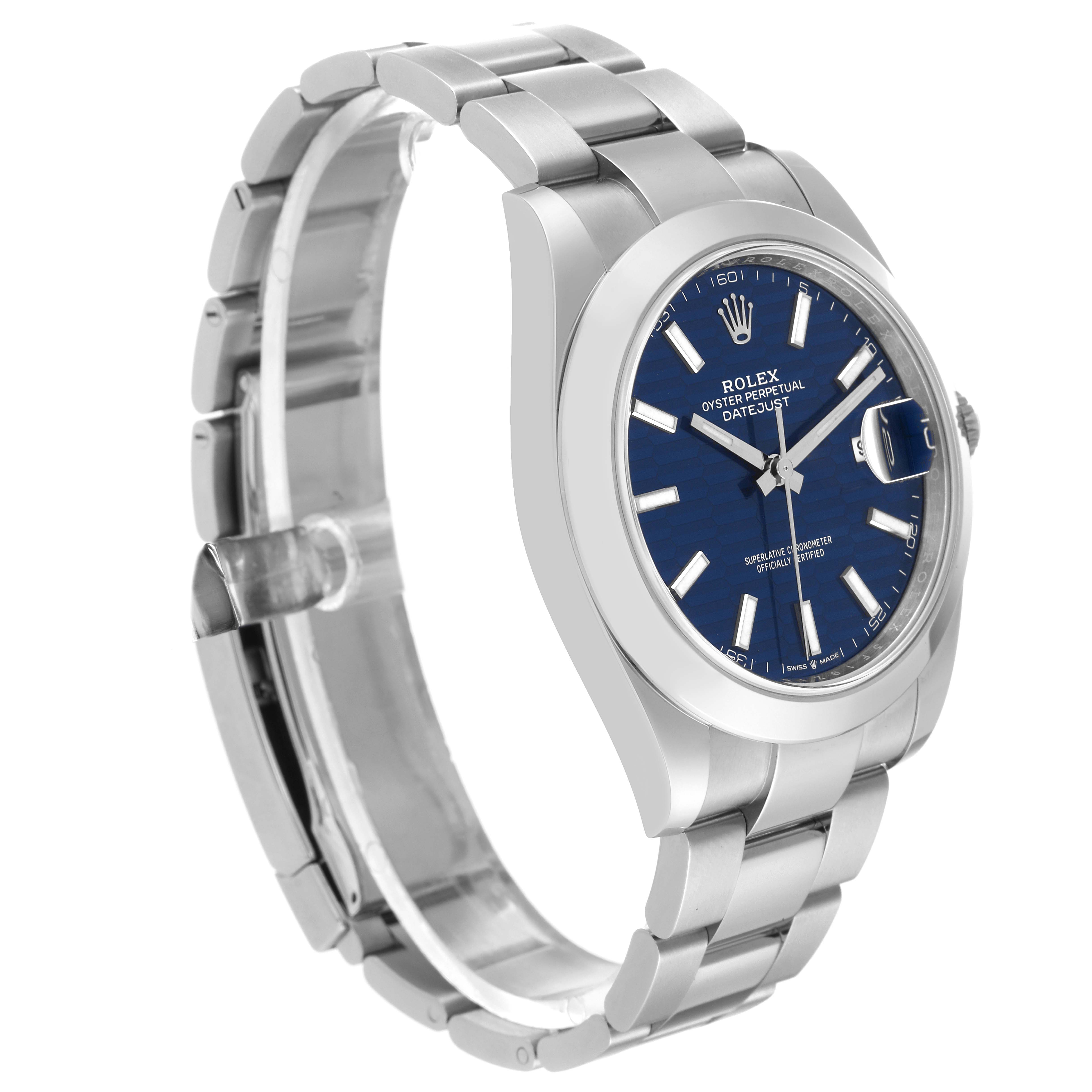 The Rolex Datejust 41 126300 Men
s Stainless Steel Blue Dial 126300 Men
s Stainless Steel Blue Dial watch is shown at a three-quarter angle, highlighting the bracelet, case, and blue dial with date window.