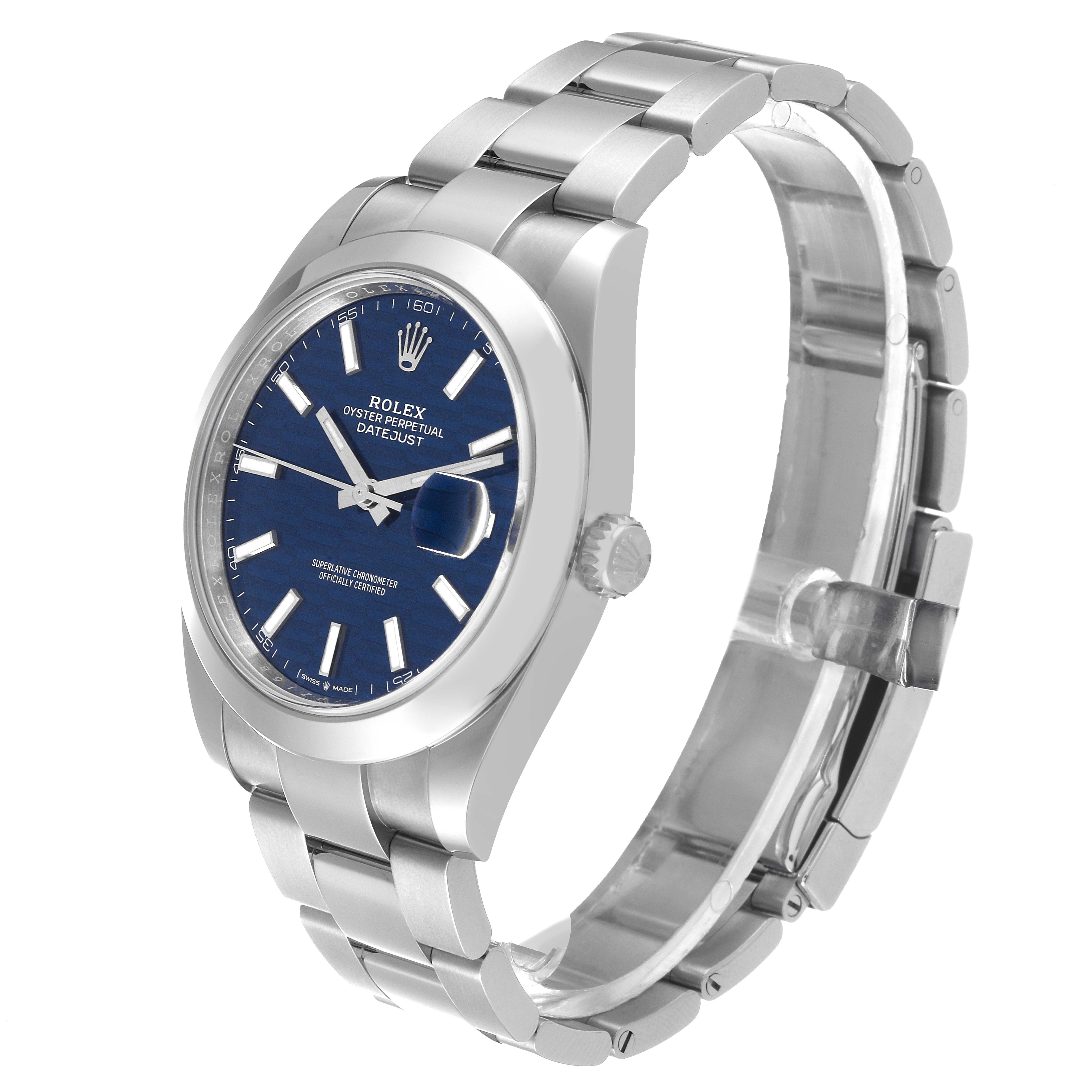 The image shows a Rolex Datejust 41 126300 Men
s Stainless Steel Blue Dial 126300 Men
s Stainless Steel Blue Dial watch at a three-quarter angle, highlighting the bezel, dial, bracelet, and part of the clasp.