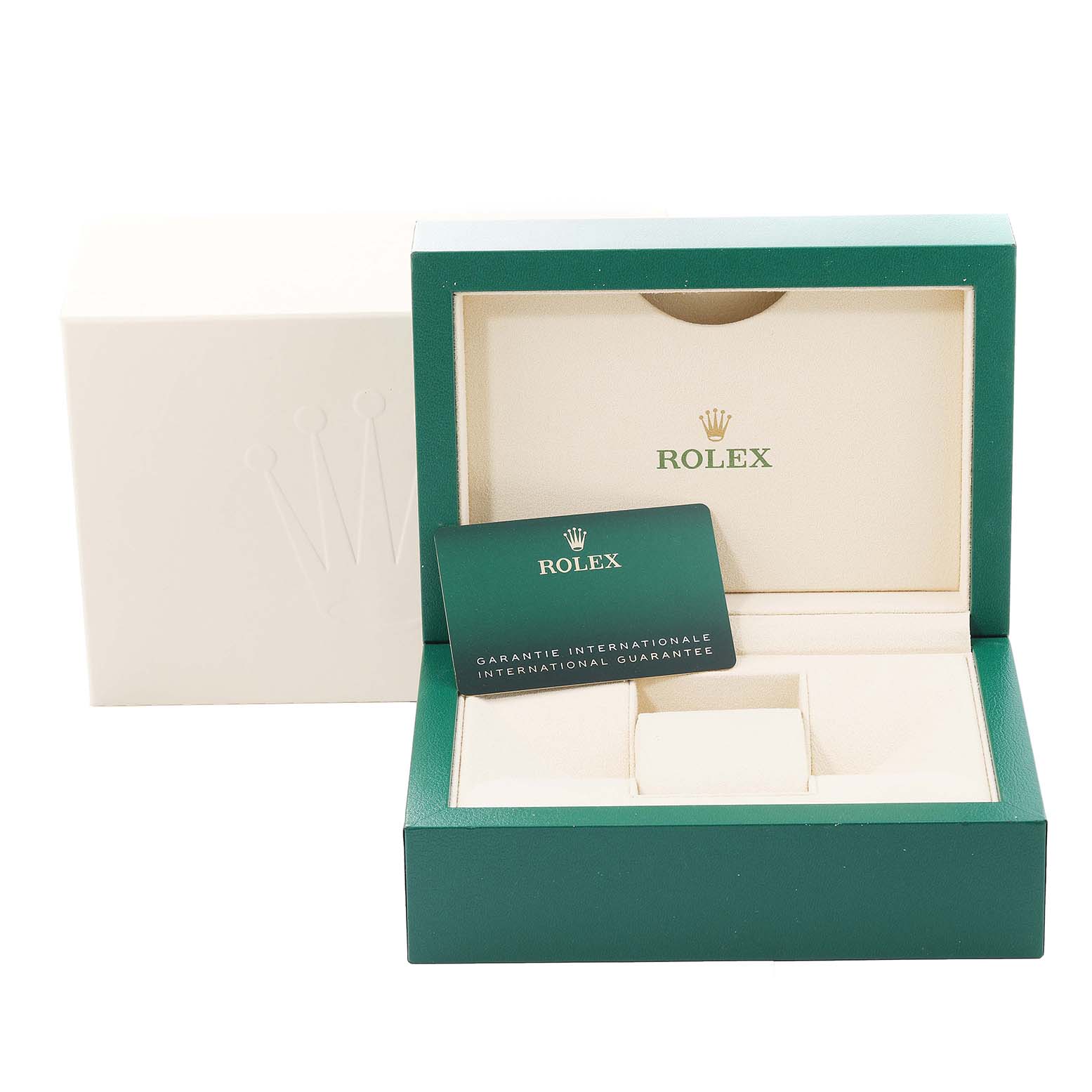 The image shows the open box and warranty card for the Rolex Datejust 41 126300 Men
s Stainless Steel Blue Dial 126300 Men
s Stainless Steel Blue Dial model.