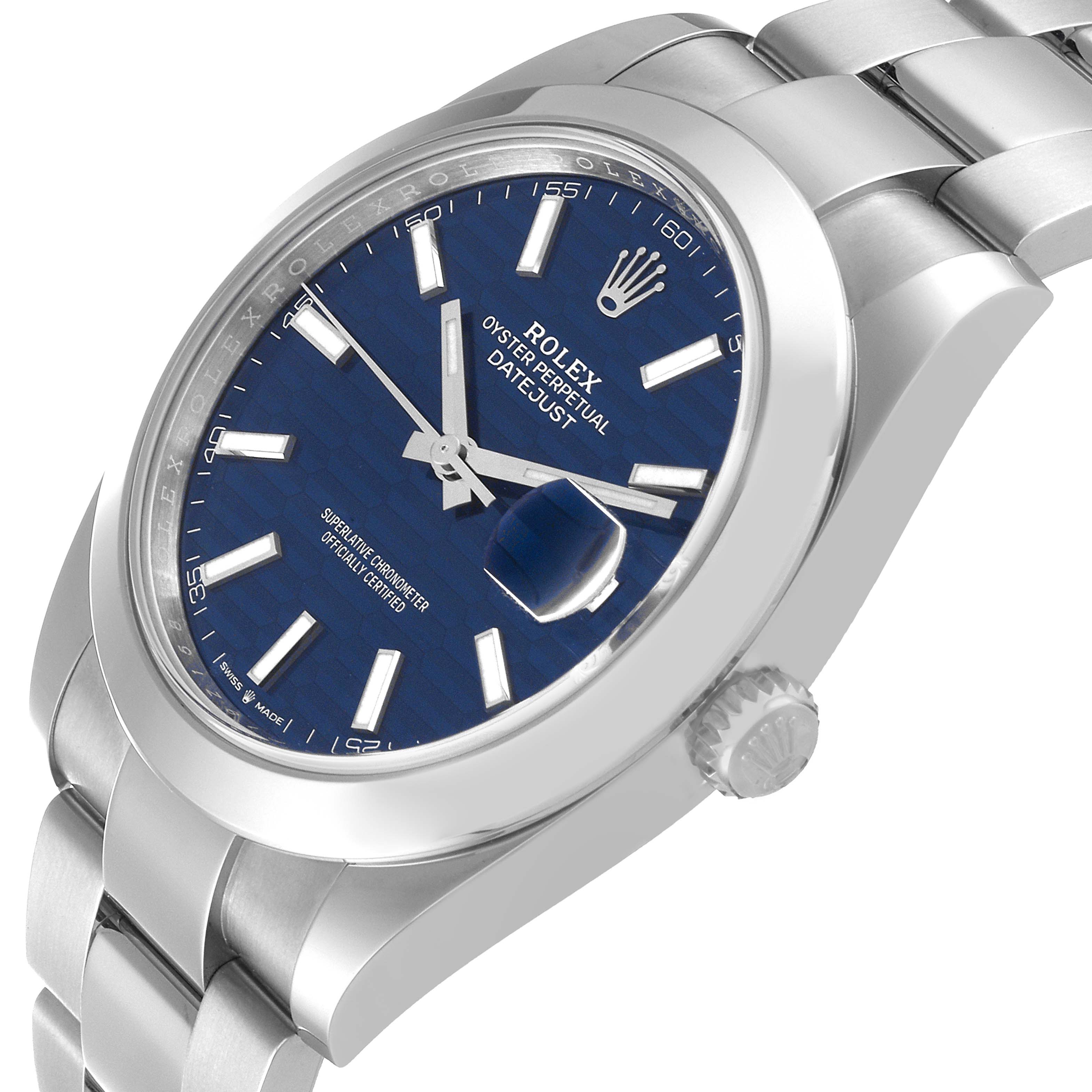 The image shows the Rolex Datejust 41 126300 Men
s Stainless Steel Blue Dial 126300 Men
s Stainless Steel Blue Dial watch at an angled side view, highlighting its blue dial, bracelet, and crown.