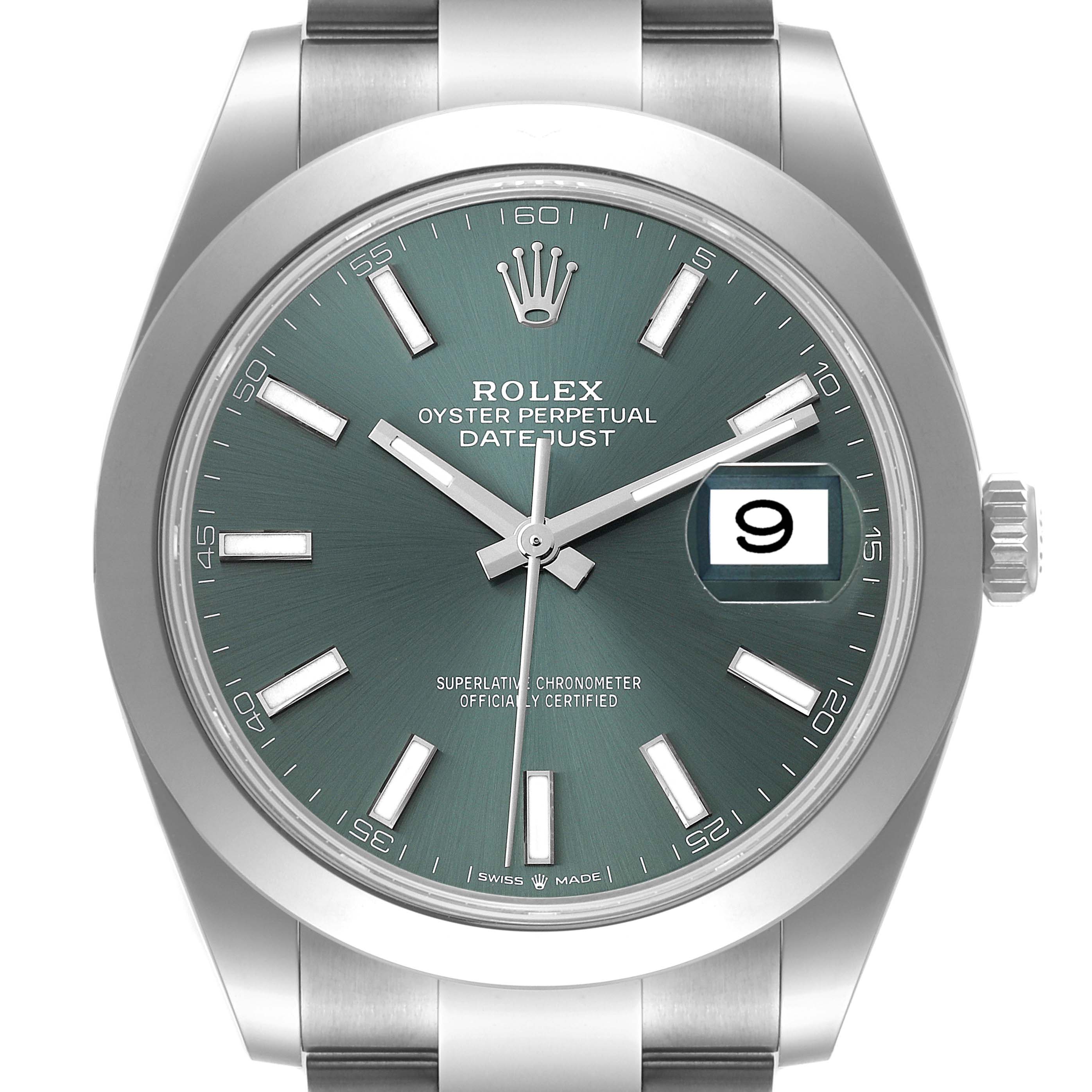The image shows a frontal close-up of the Rolex Datejust 41 126300 Men
s Stainless Steel Green Dial 126300 Men
s Stainless Steel Green Dial watch, displaying the dial, hands, date window, and partial bracelet.