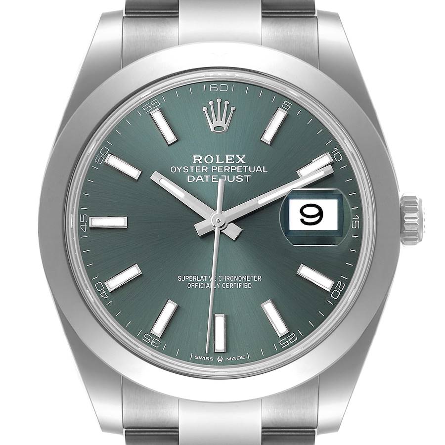 Rolex Datejust 41 Mint Green Dial Smooth Bezel Steel Mens Watch 126300 Unworn SwissWatchExpo