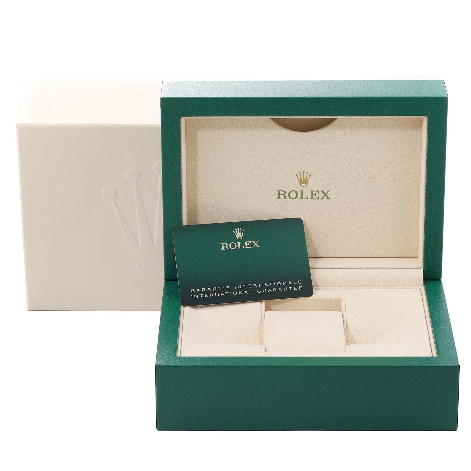 The image shows the box and international guarantee card for the Rolex Datejust 41 126300 Men
s Stainless Steel Green Dial 126300 Men
s Stainless Steel Green Dial model, including the inner and outer packaging.