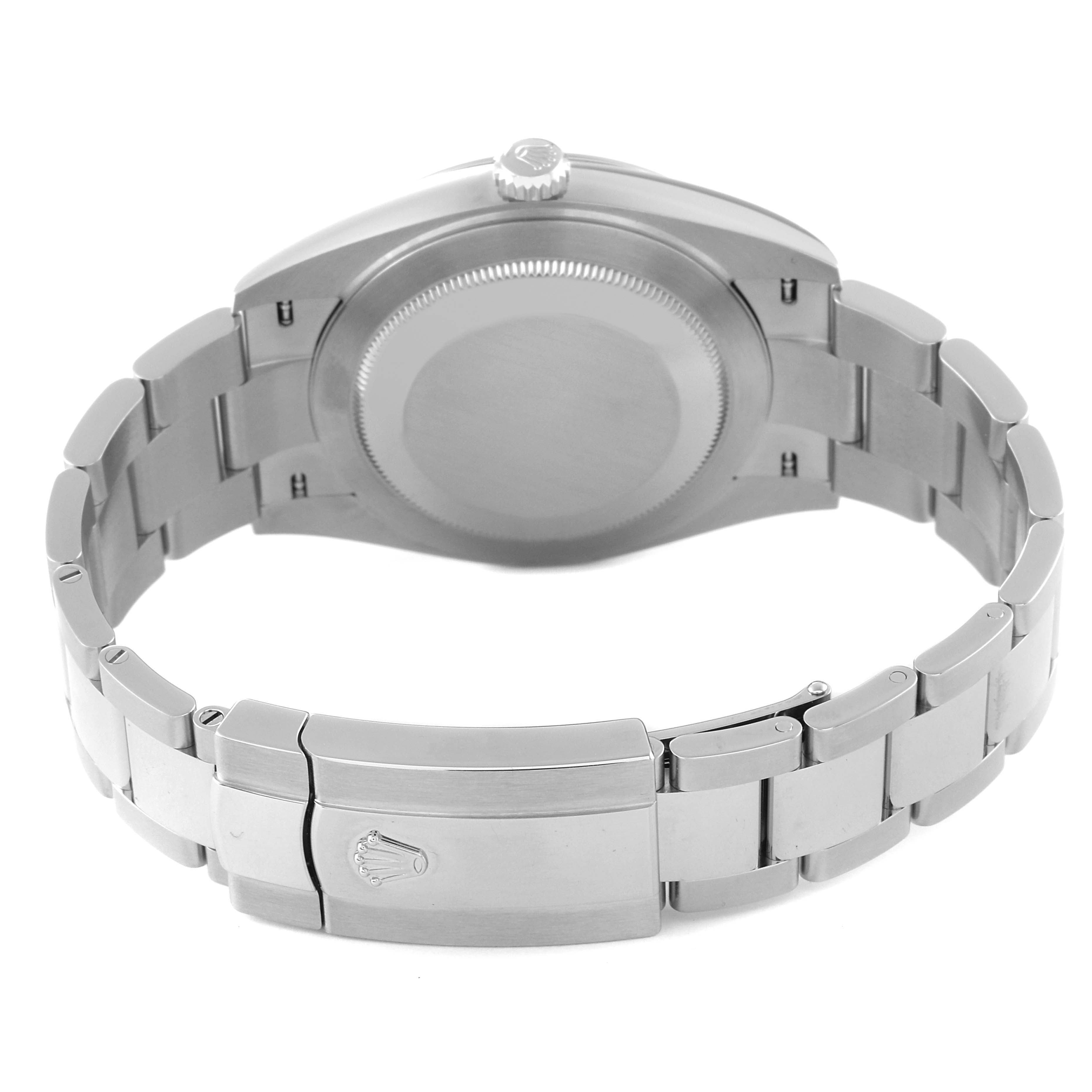 This image shows the back view of a Rolex Datejust 41 126300 Men
s Stainless Steel Green Dial 126300 Men
s Stainless Steel Green Dial, highlighting the case back and Oyster bracelet with the Rolex crown clasp.