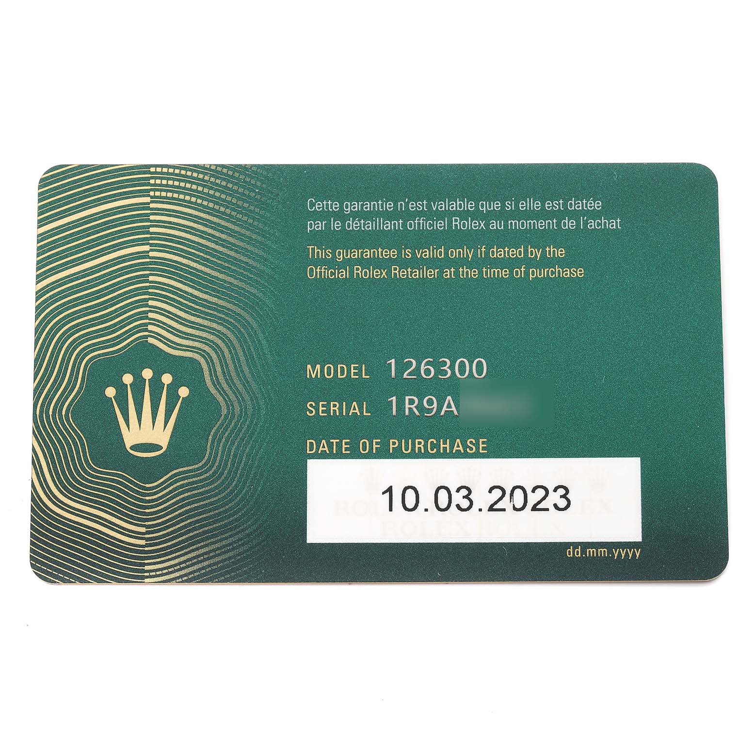 The image shows a Rolex guarantee card for the Datejust 41 model, with the model number 126300 and a purchase date of 10.03.2023.