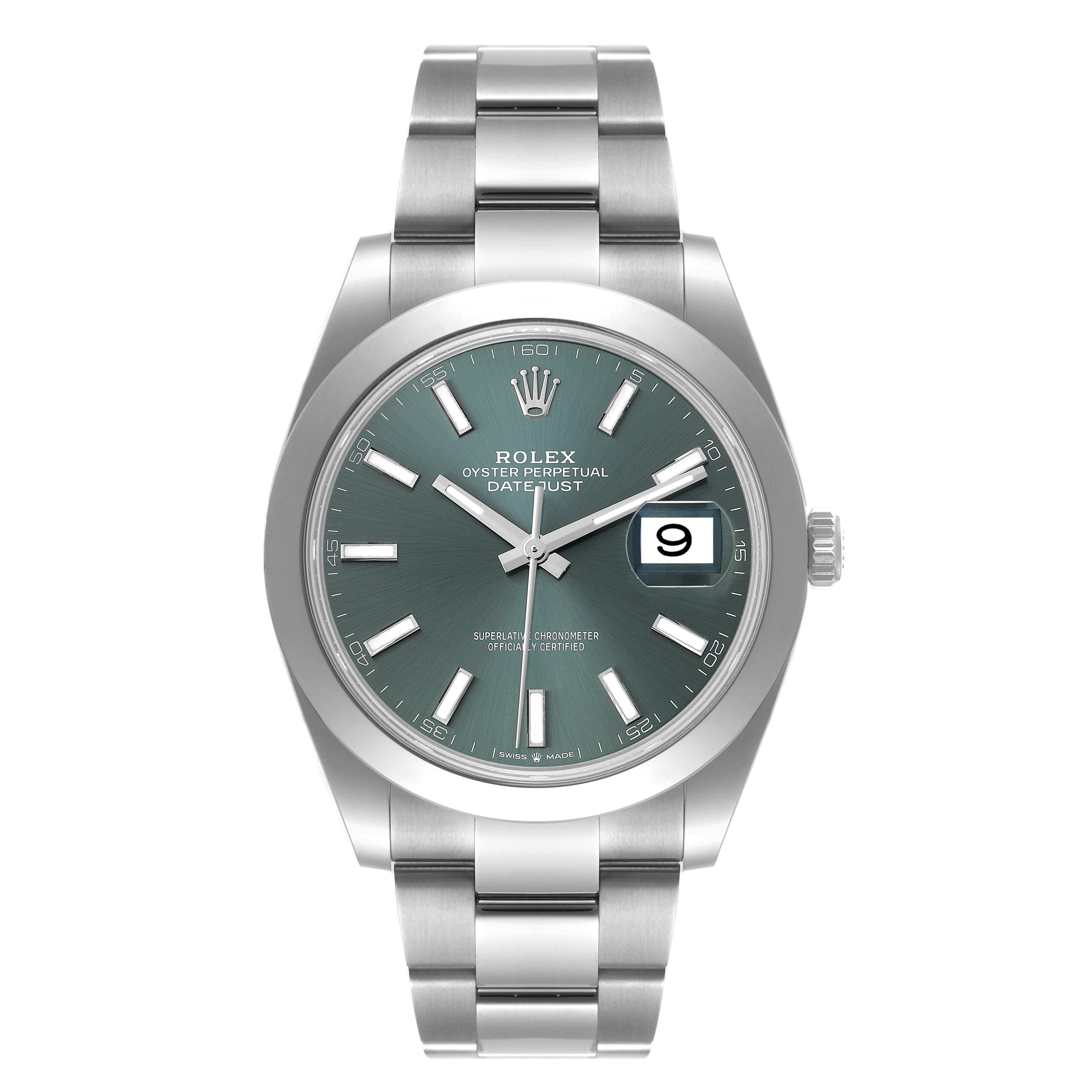 The image shows a front view of the Rolex Datejust 41 126300 Men
s Stainless Steel Green Dial 126300 Men
s Stainless Steel Green Dial watch, highlighting the face, case, and bracelet.