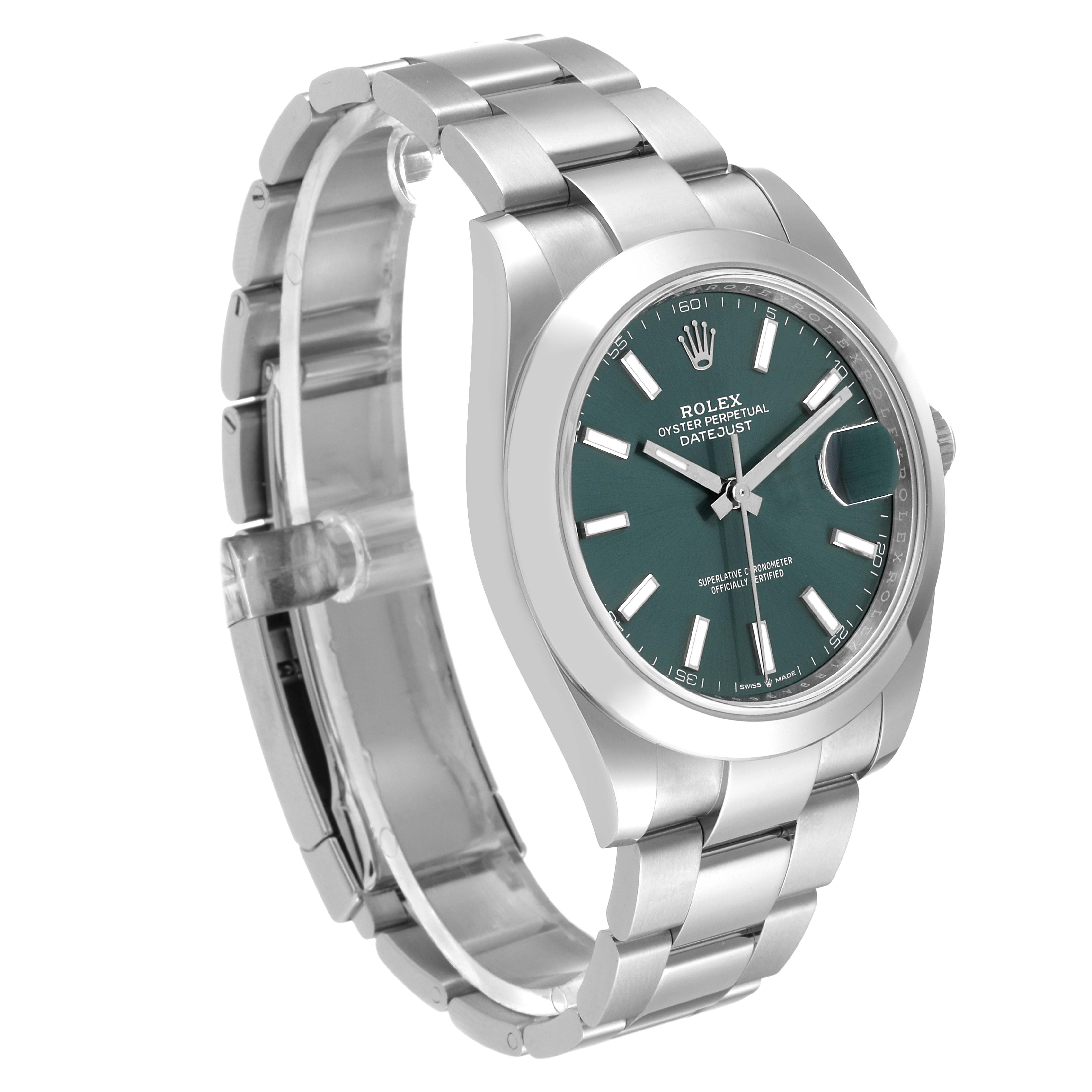 This image shows the Rolex Datejust 41 126300 Men
s Stainless Steel Green Dial 126300 Men
s Stainless Steel Green Dial watch at a slight angle, highlighting its stainless steel band and green dial.