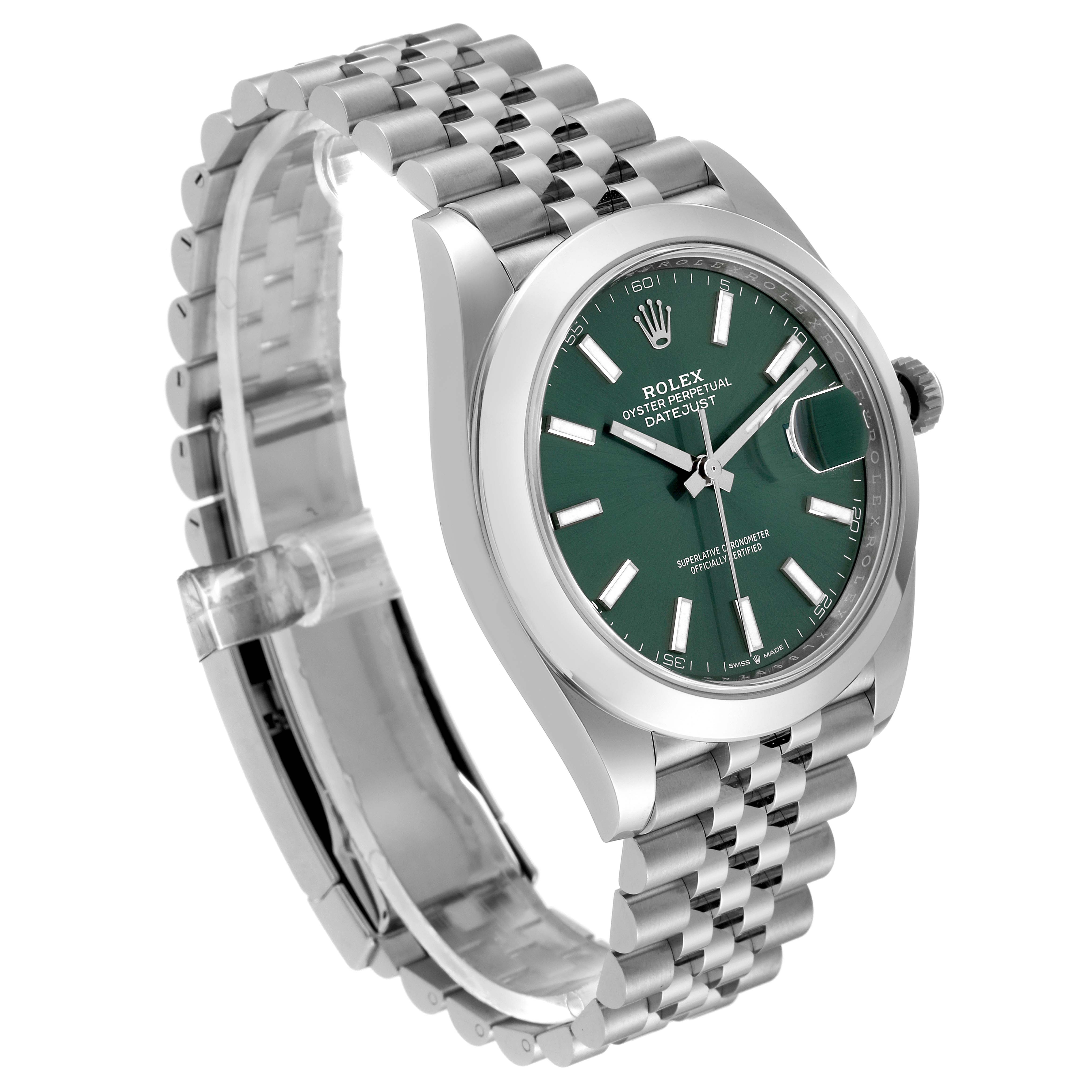 The image shows a Rolex Datejust 41 126300 Men
s Stainless Steel Green Dial 126300 Men
s Stainless Steel Green Dial watch from an angled side view highlighting the green dial, bezel, and Jubilee bracelet.
