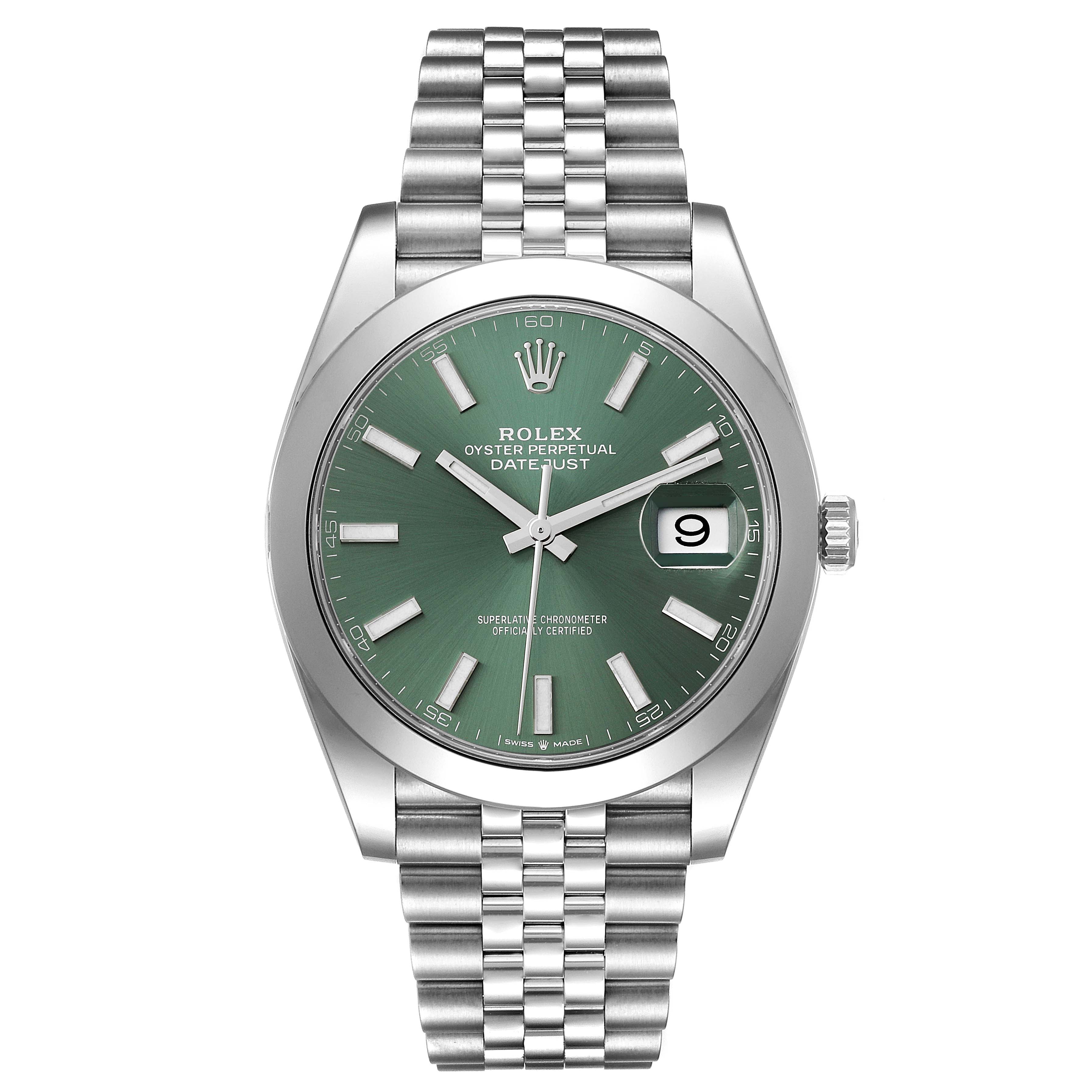 This image shows a front view of the Rolex Datejust 41 126300 Men
s Stainless Steel Green Dial 126300 Men
s Stainless Steel Green Dial watch, including the face, bezel, and bracelet.