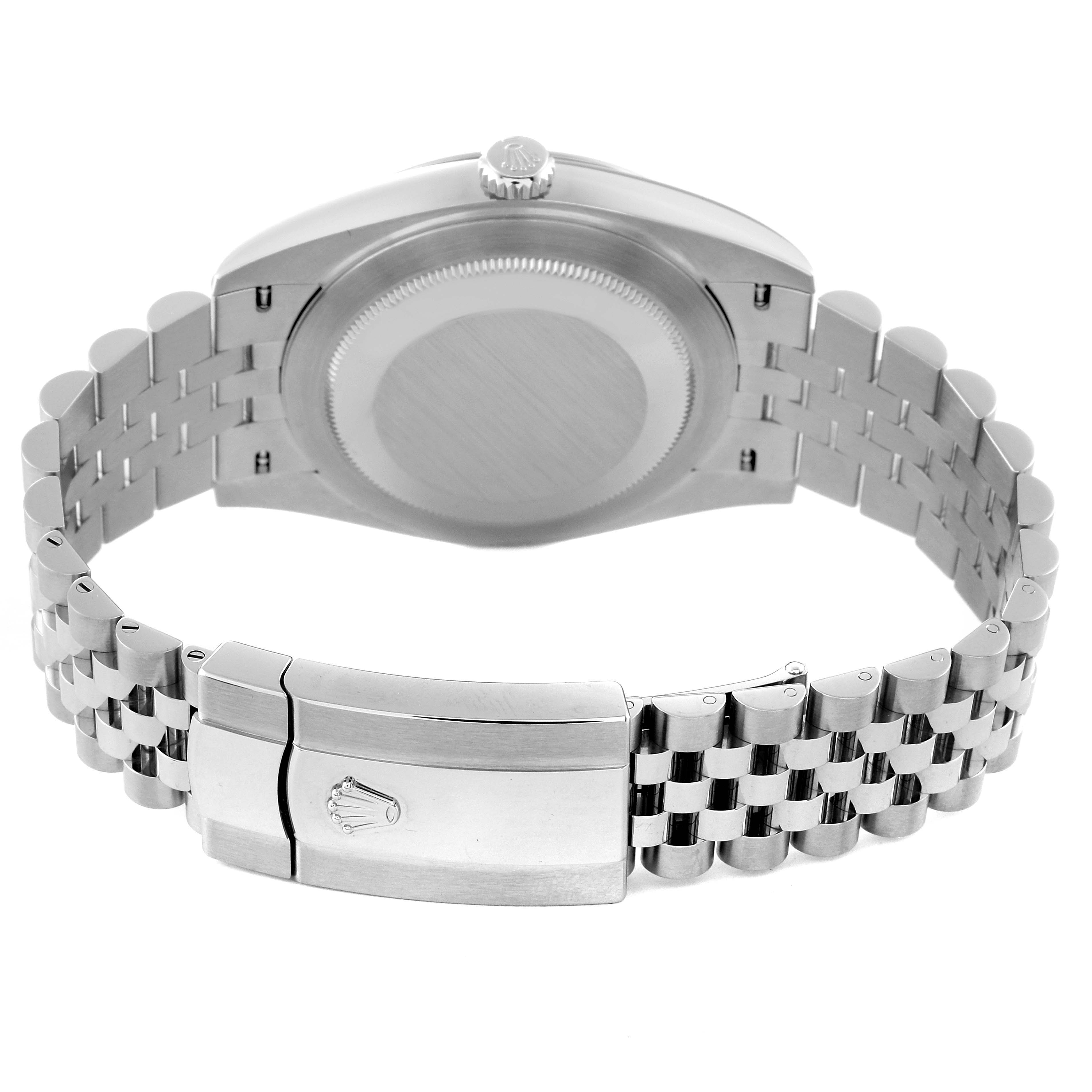 The image shows the back view of a Rolex Datejust 41 126300 Men
s Stainless Steel Green Dial 126300 Men
s Stainless Steel Green Dial watch, focusing on the clasp, bracelet, and case back.