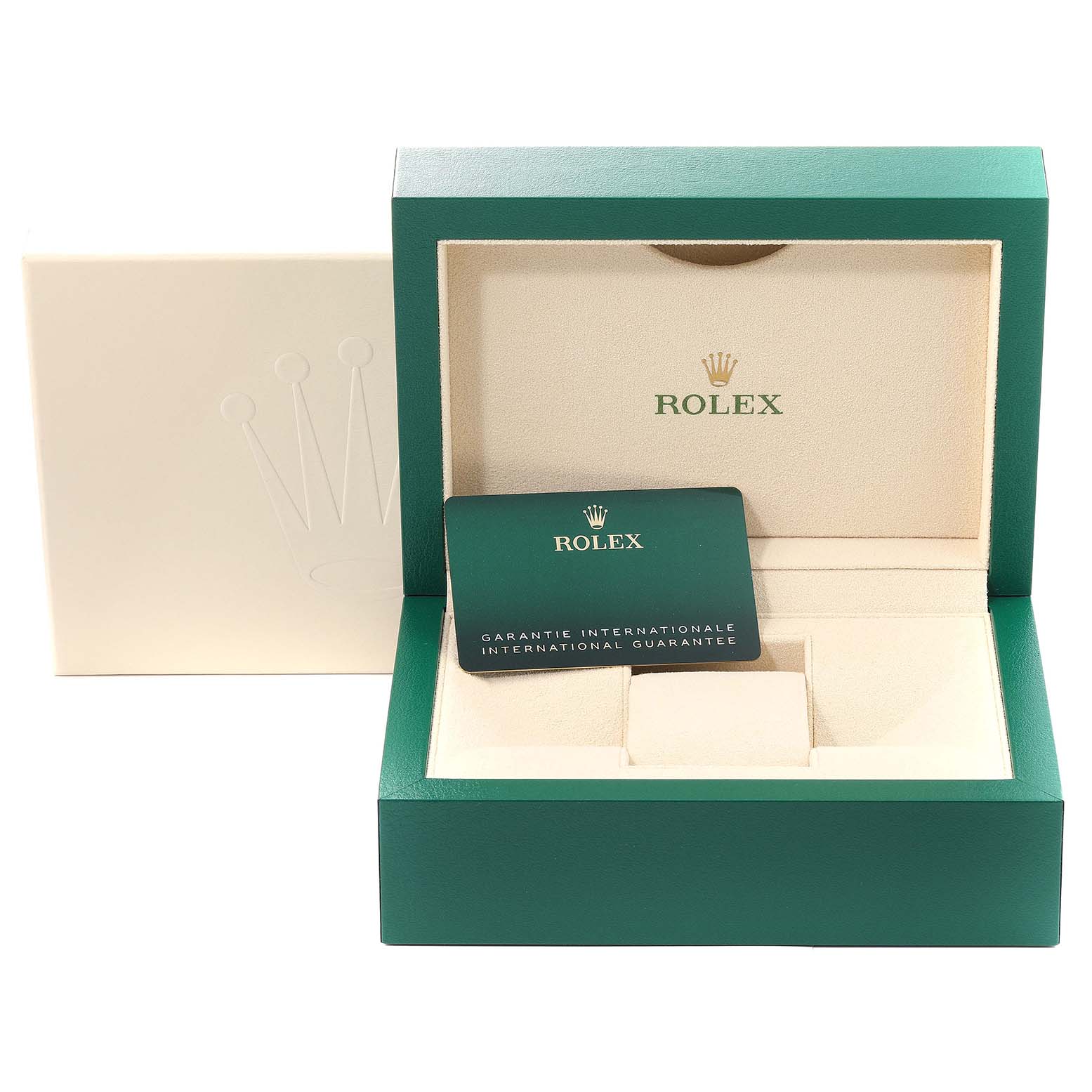 The image shows an open Rolex Datejust 41 126300 Men
s Stainless Steel Green Dial 126300 Men
s Stainless Steel Green Dial watch box and international guarantee card, with the inner and outer packaging visible.
