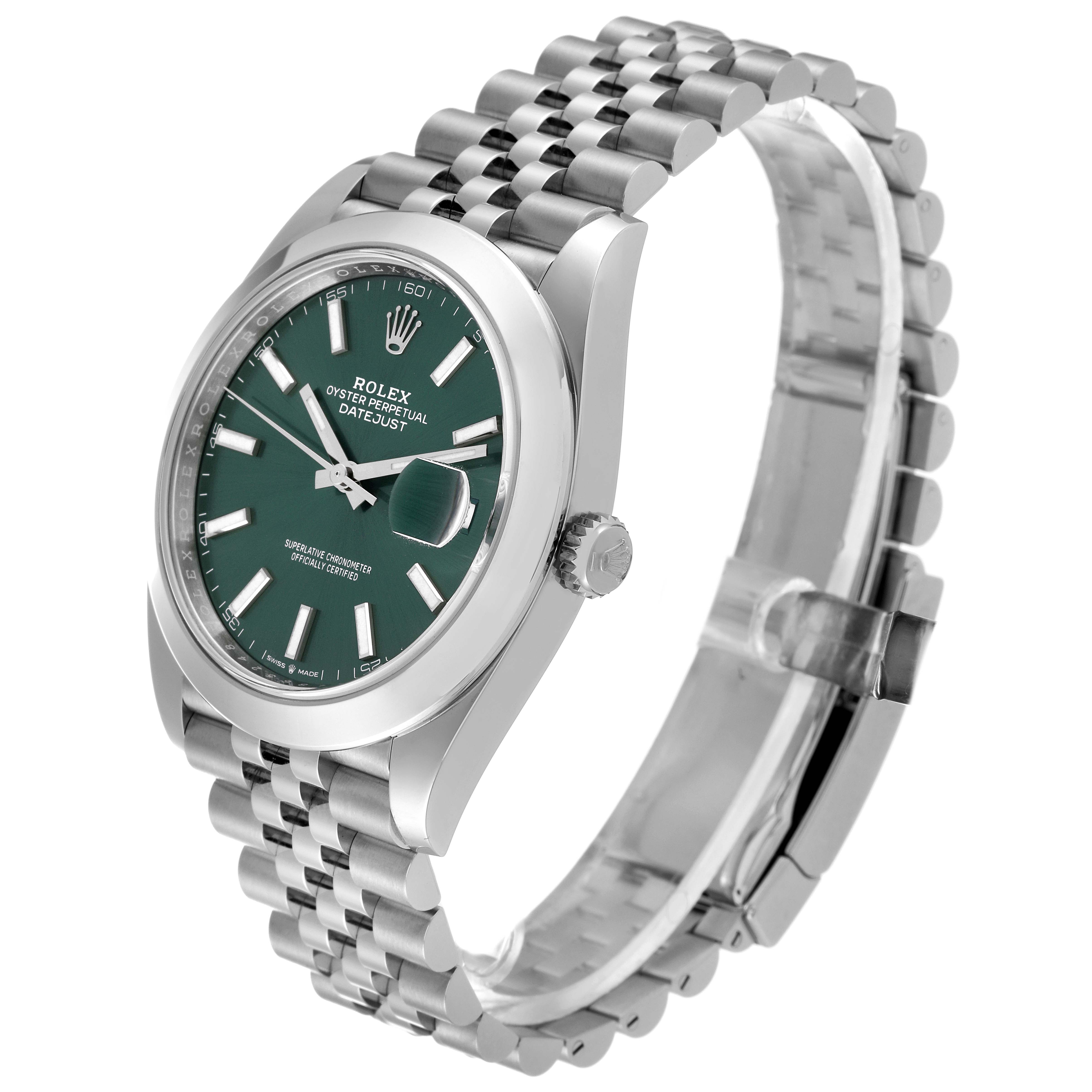 This image shows a Rolex Datejust 41 126300 Men
s Stainless Steel Green Dial 126300 Men
s Stainless Steel Green Dial watch at a three-quarters angle, highlighting its green dial, jubilee bracelet, and fluted bezel.