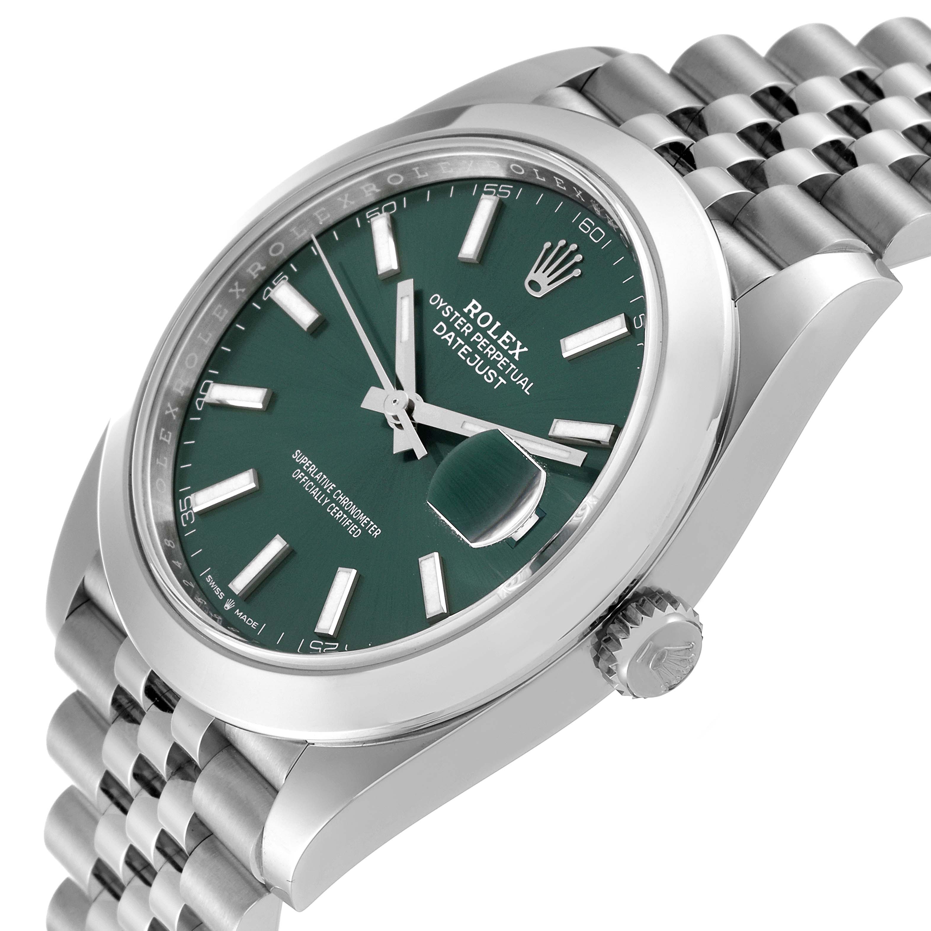 The image shows a close-up angle of a Rolex Datejust 41 126300 Men
s Stainless Steel Green Dial 126300 Men
s Stainless Steel Green Dial model, highlighting the green dial, jubilee bracelet, and crown.