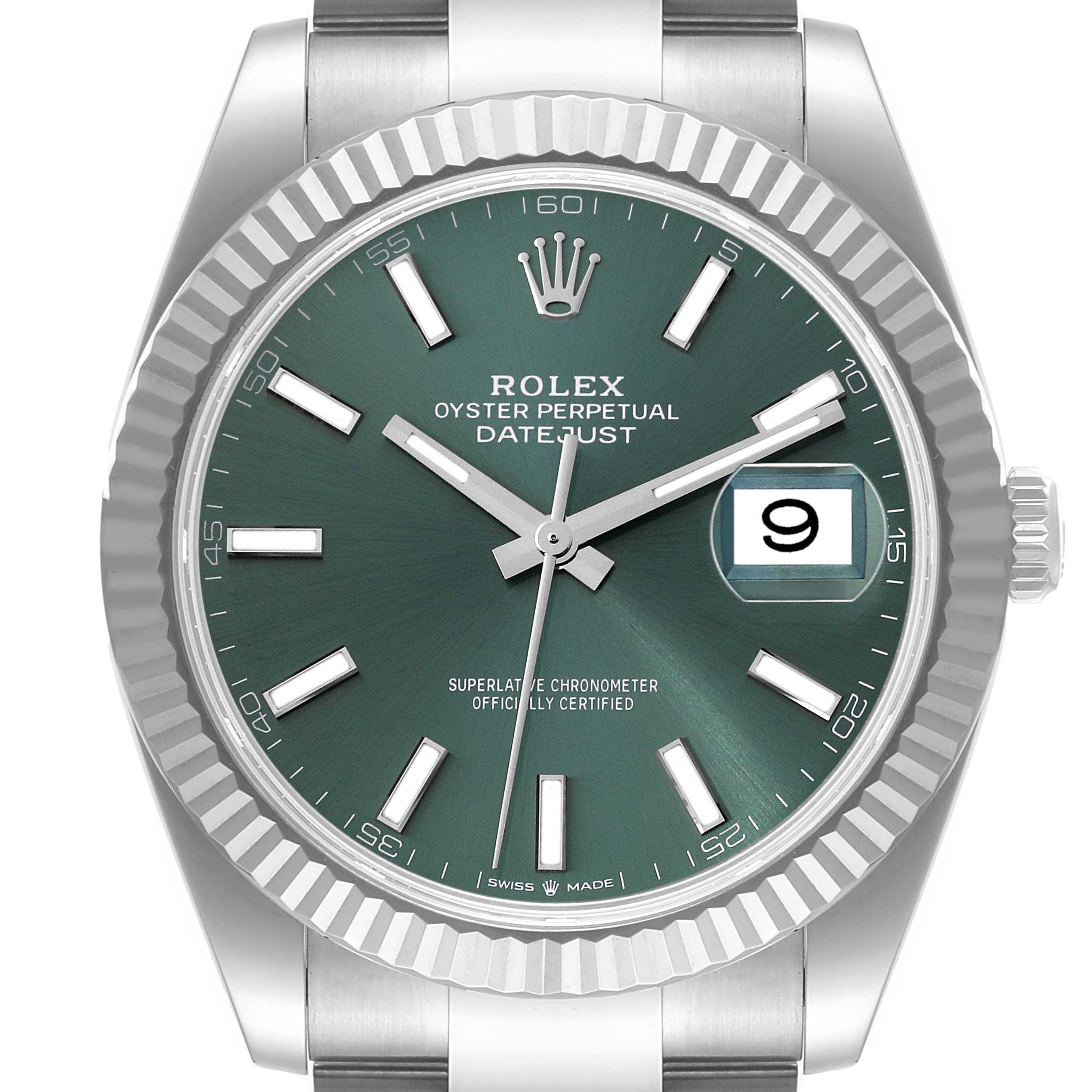 The image shows a front view of the Rolex Datejust 41 126334 Men
s Stainless Steel Green Dial 126334 Men
s Stainless Steel Green Dial watch, highlighting its green dial, fluted bezel, and date display.