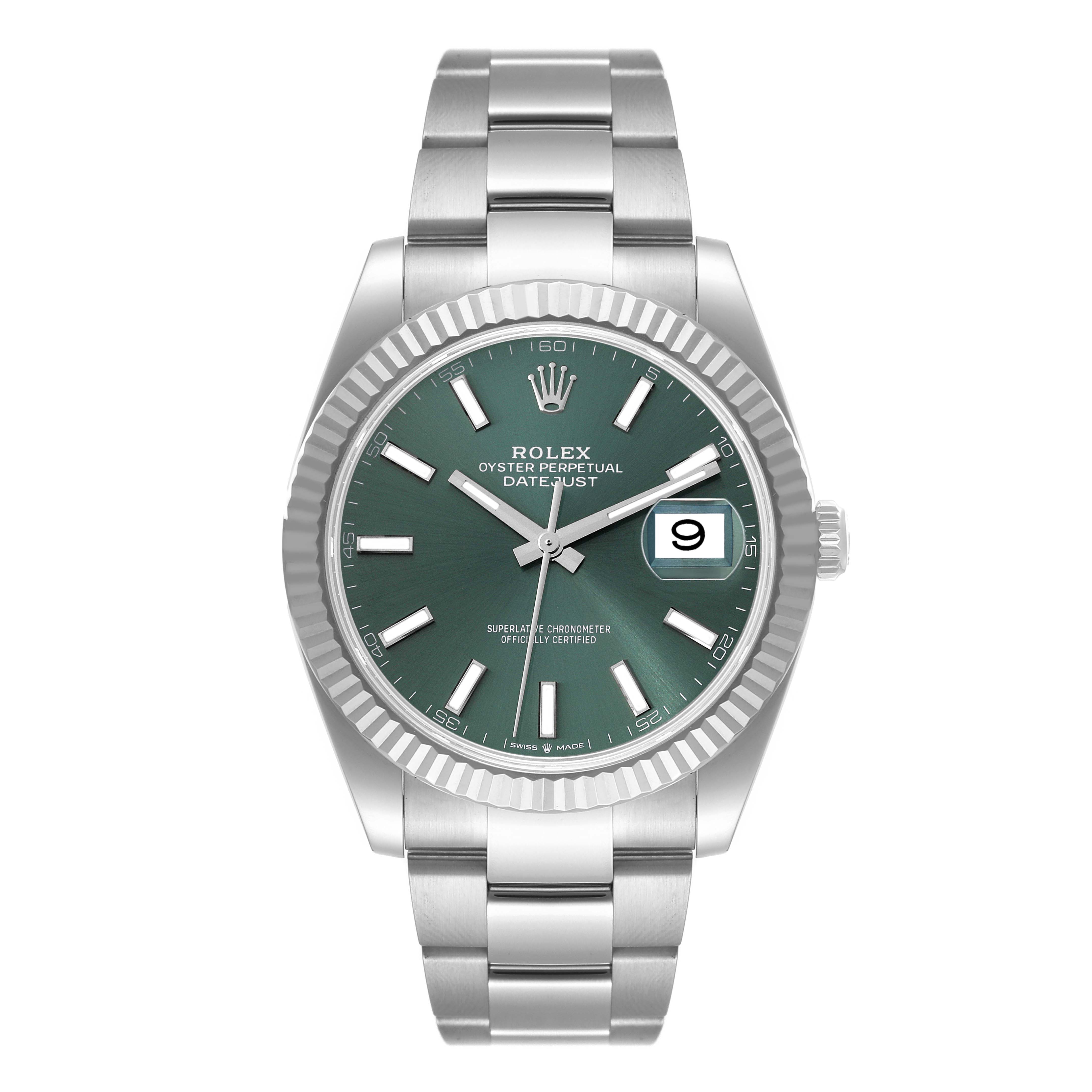 The image shows a front view of the Rolex Datejust 41 126334 Men
s Stainless Steel Green Dial 126334 Men
s Stainless Steel Green Dial, featuring its green dial, bezel, and metal bracelet.