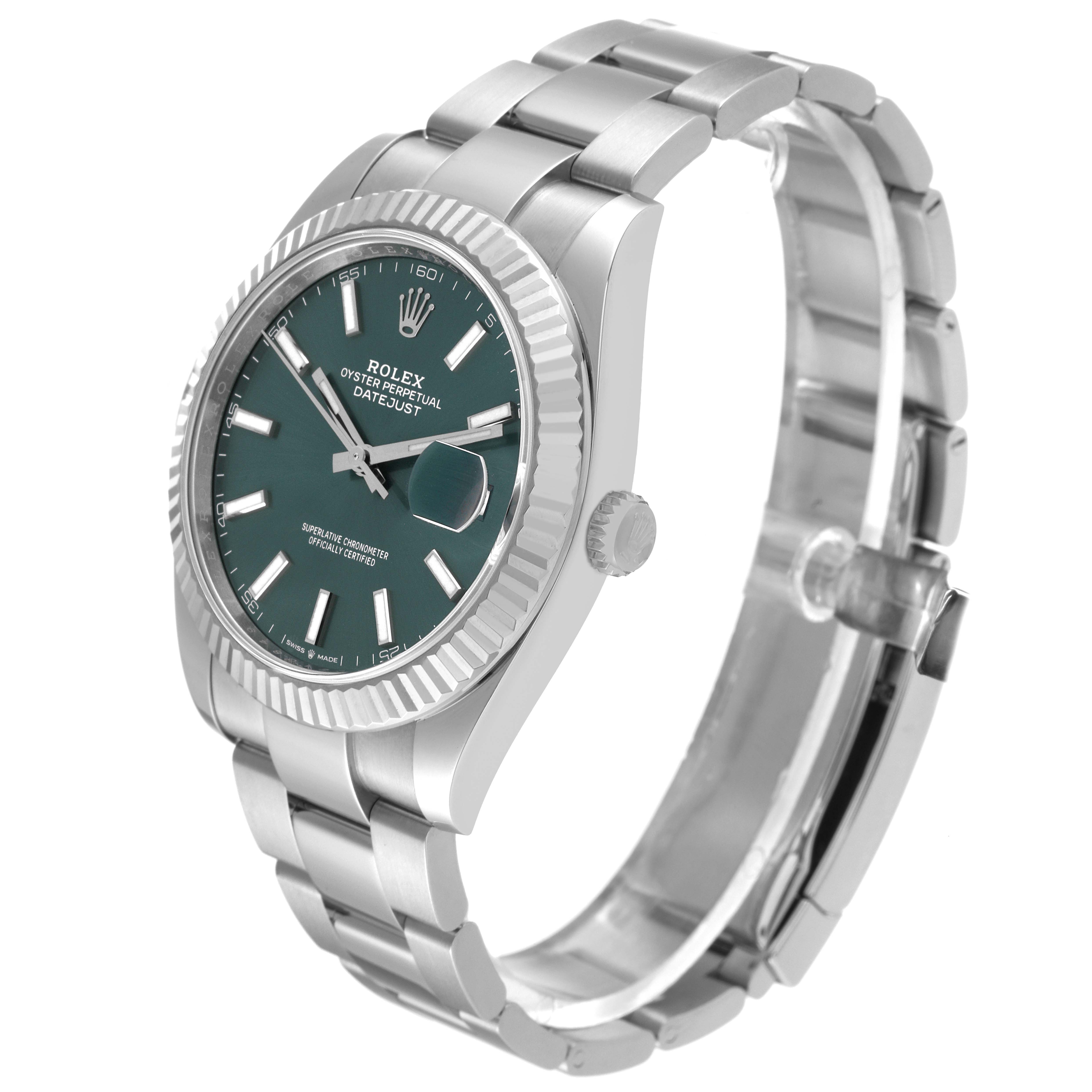 This image shows a side angle view of a Rolex Datejust 41 126334 Men
s Stainless Steel Green Dial 126334 Men
s Stainless Steel Green Dial, including the watch face, bezel, and bracelet.