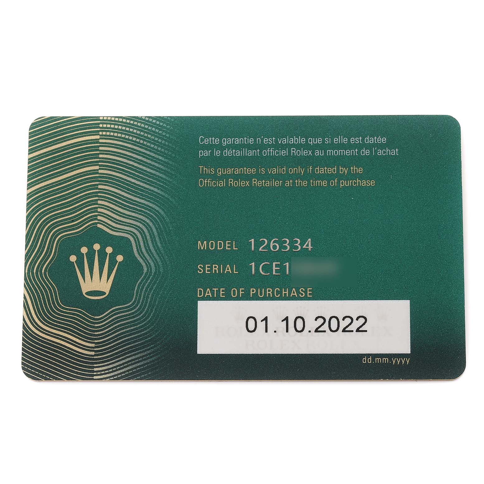 This image shows the warranty card for the Rolex Datejust 41 126334 Men
s Stainless Steel Green Dial 126334 Men
s Stainless Steel Green Dial model.