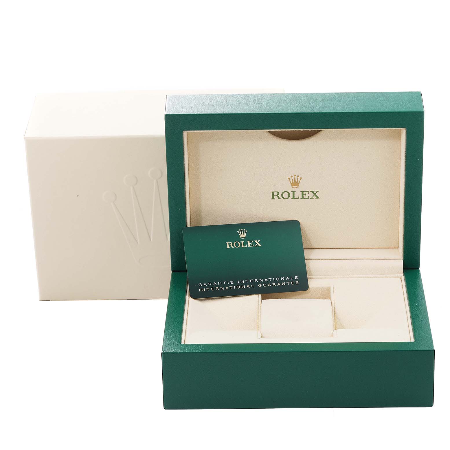 The image shows the box and international guarantee card for a Rolex Datejust 41 126334 Men
s Stainless Steel Green Dial 126334 Men
s Stainless Steel Green Dial watch.