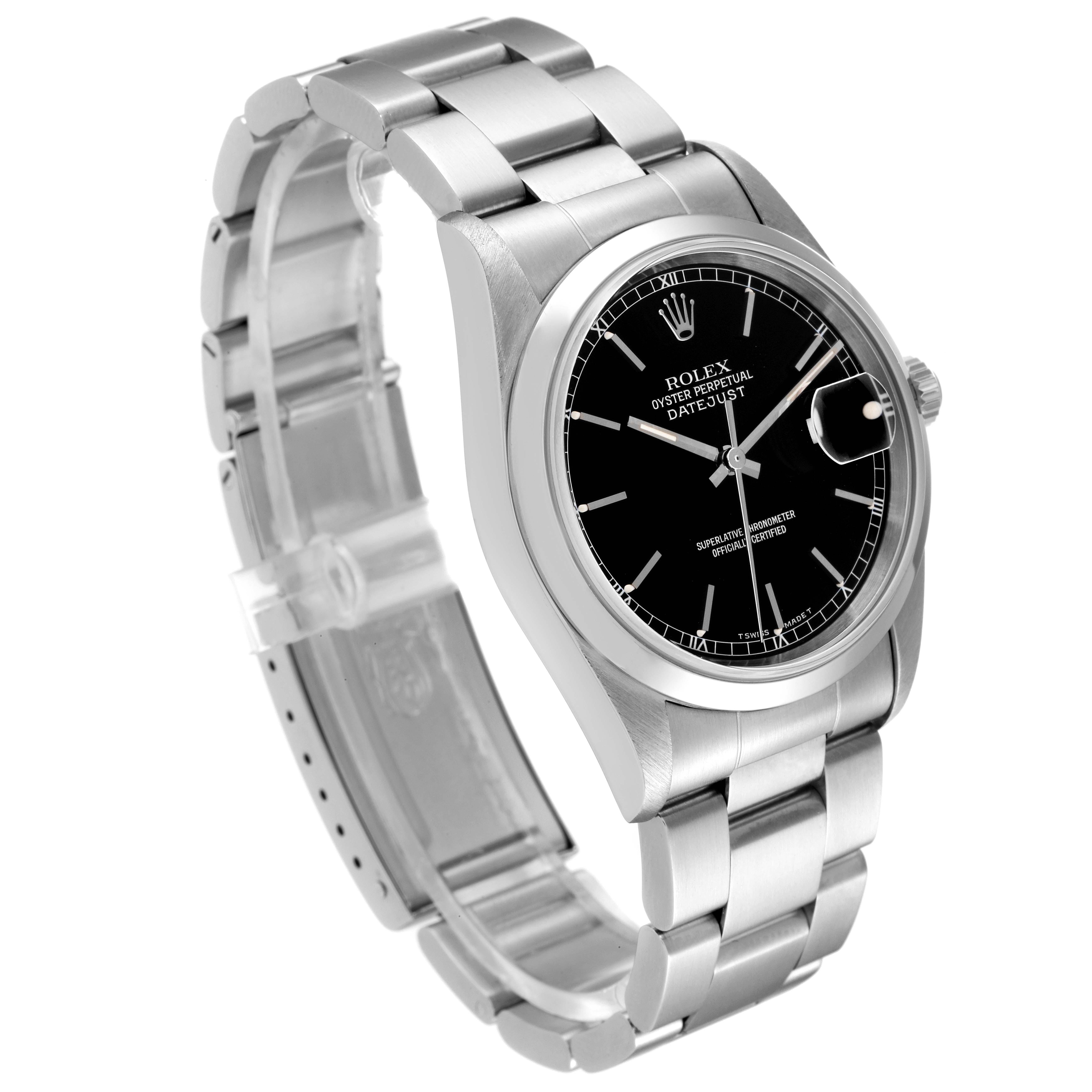 The image shows an angled view of the Rolex Datejust 16200 Men
s Stainless Steel Black Dial 16200 Men
s Stainless Steel Black Dial watch, highlighting its black dial, stainless steel case, and bracelet.