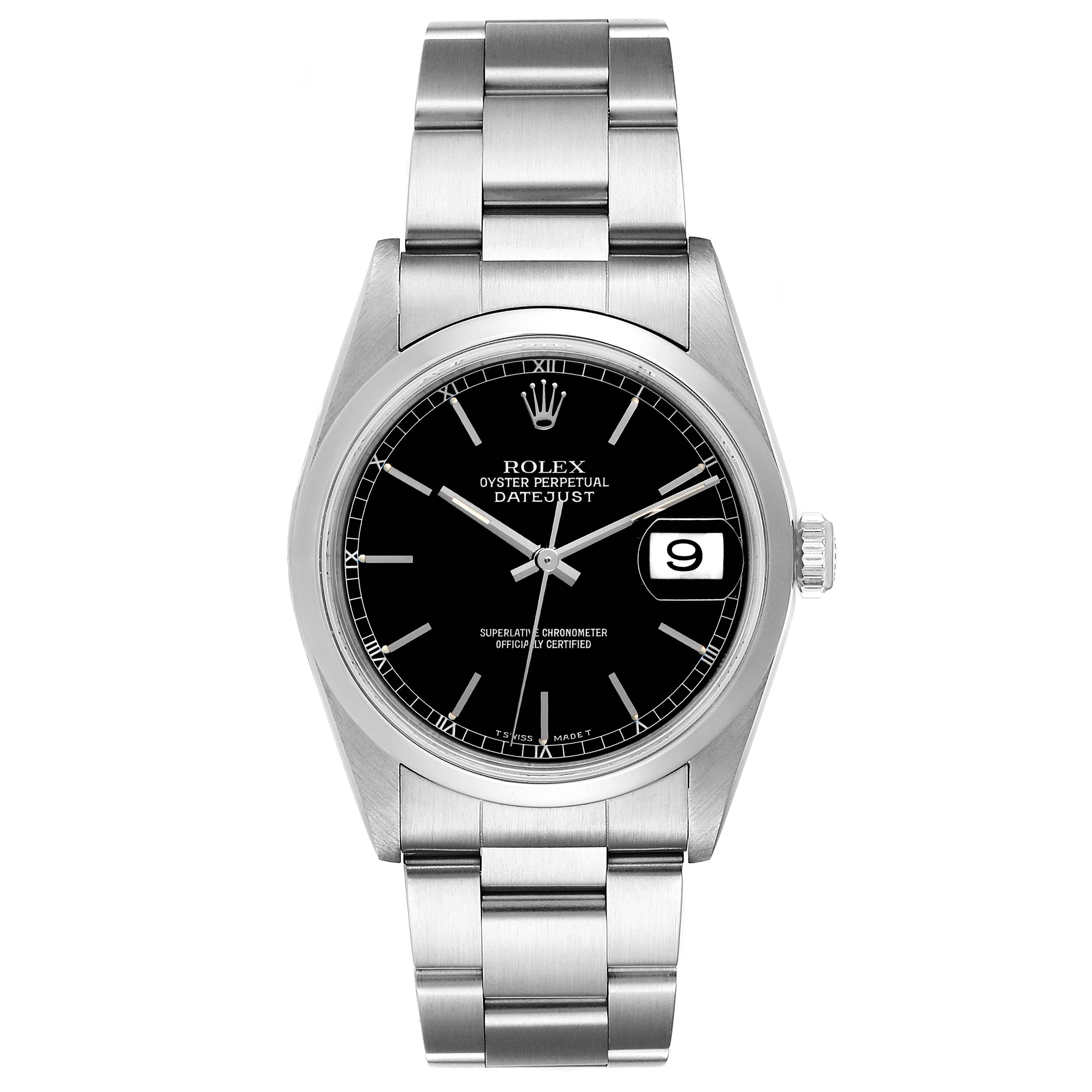 The image shows a frontal view of the Rolex Datejust 16200 Men
s Stainless Steel Black Dial 16200 Men
s Stainless Steel Black Dial watch, displaying the dial, bracelet, and date window.