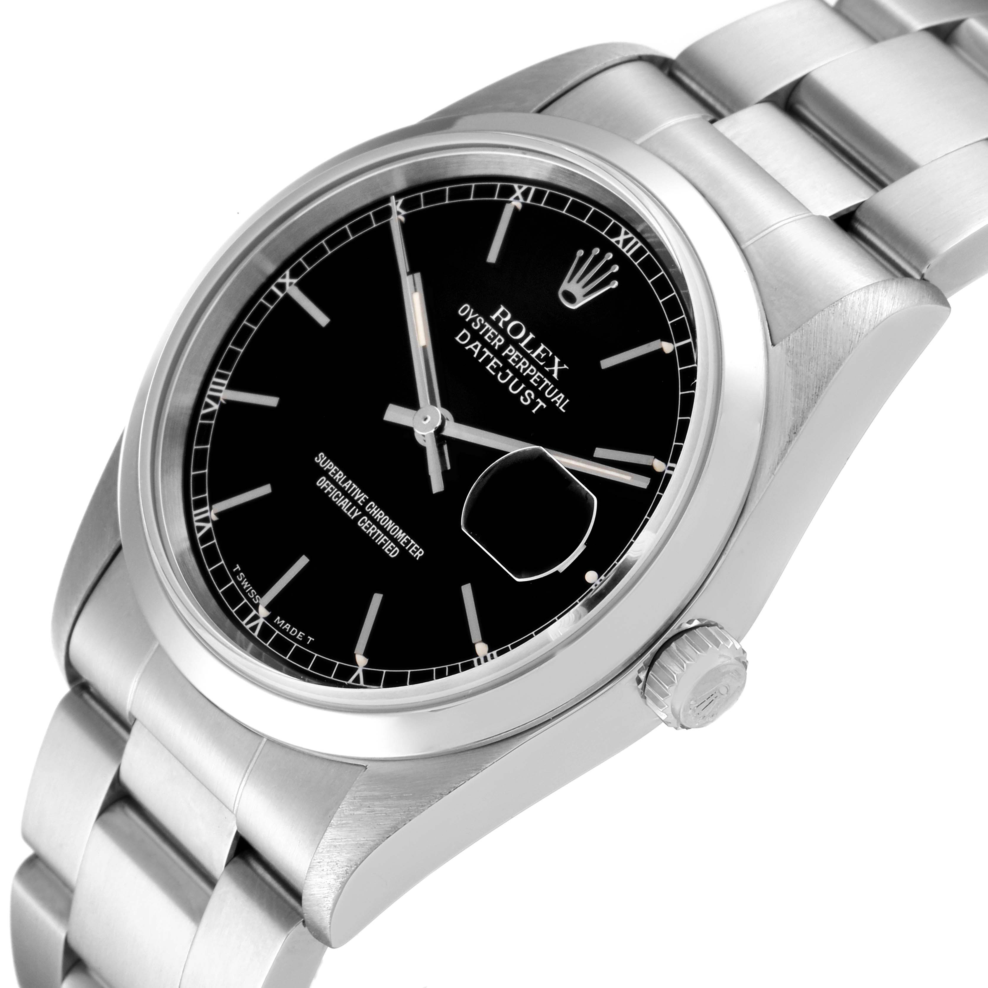 This image shows a Rolex Datejust 16200 Men
s Stainless Steel Black Dial 16200 Men
s Stainless Steel Black Dial watch angled from the top left, highlighting the bezel, black dial, and part of the bracelet.