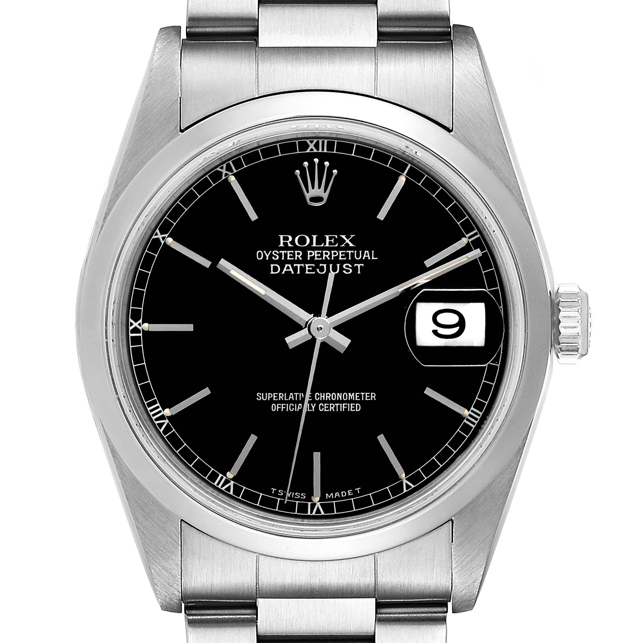 The image shows a frontal view of the Rolex Datejust 16200 Men
s Stainless Steel Black Dial 16200 Men
s Stainless Steel Black Dial watch, displaying the dial, bezel, and part of the bracelet.