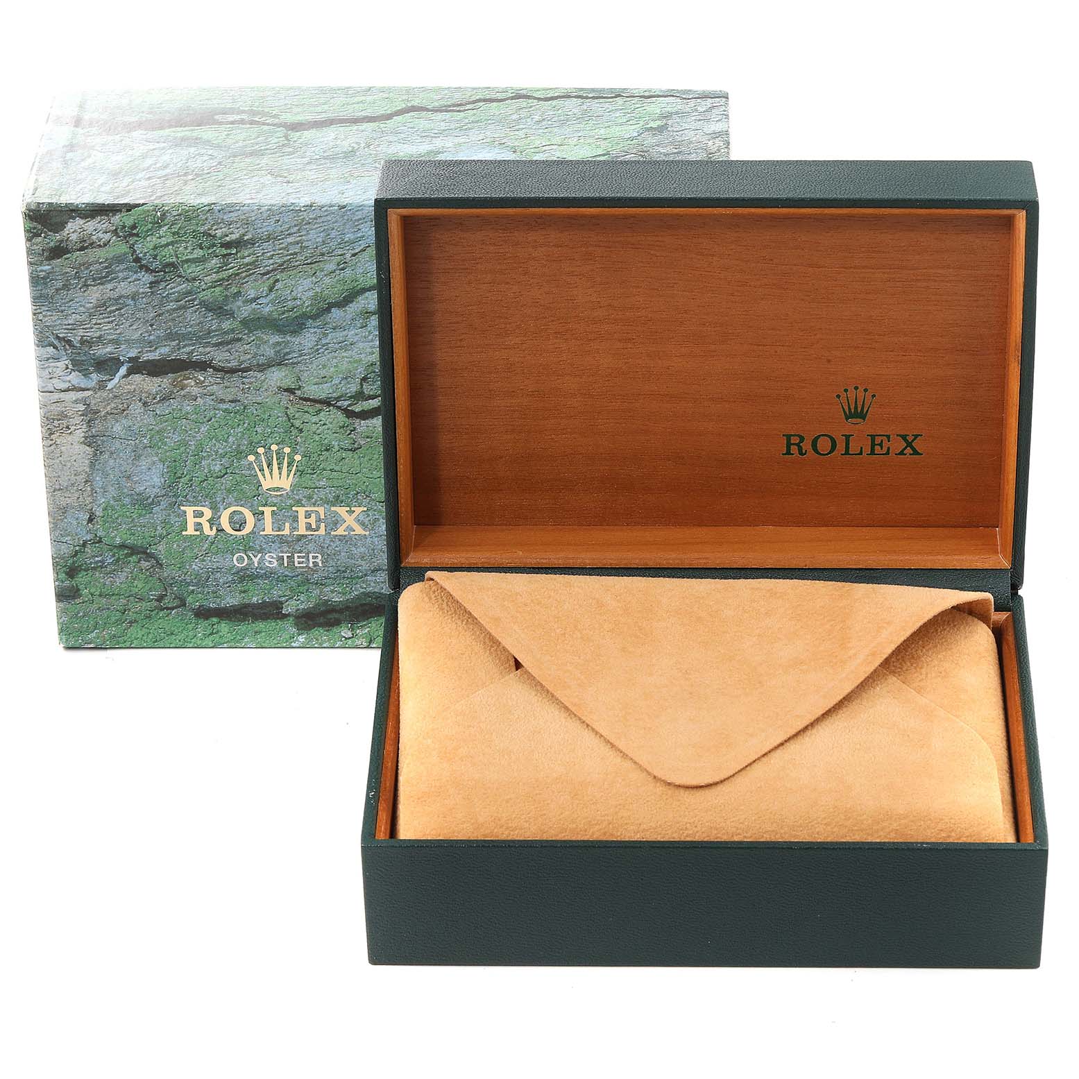 The image shows an open Rolex Datejust 16200 Men
s Stainless Steel Black Dial 16200 Men
s Stainless Steel Black Dial watch box with a green exterior, wooden interior, and a suede pouch inside.