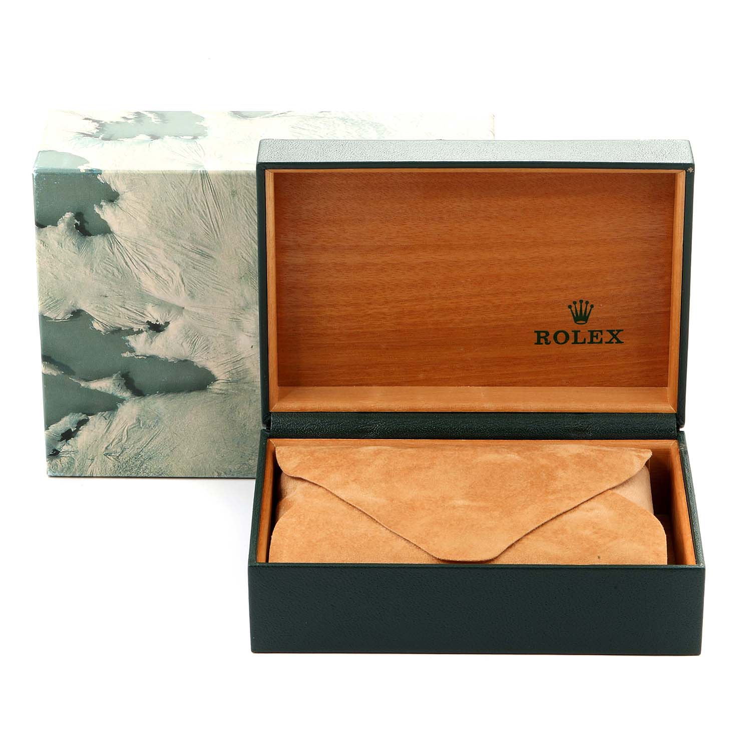 The image shows a green and wooden Rolex Datejust 16014 Men
s Stainless Steel Silver Dial 16014 Men
s Stainless Steel Silver Dial watch box with a suede cover inside, partially open.