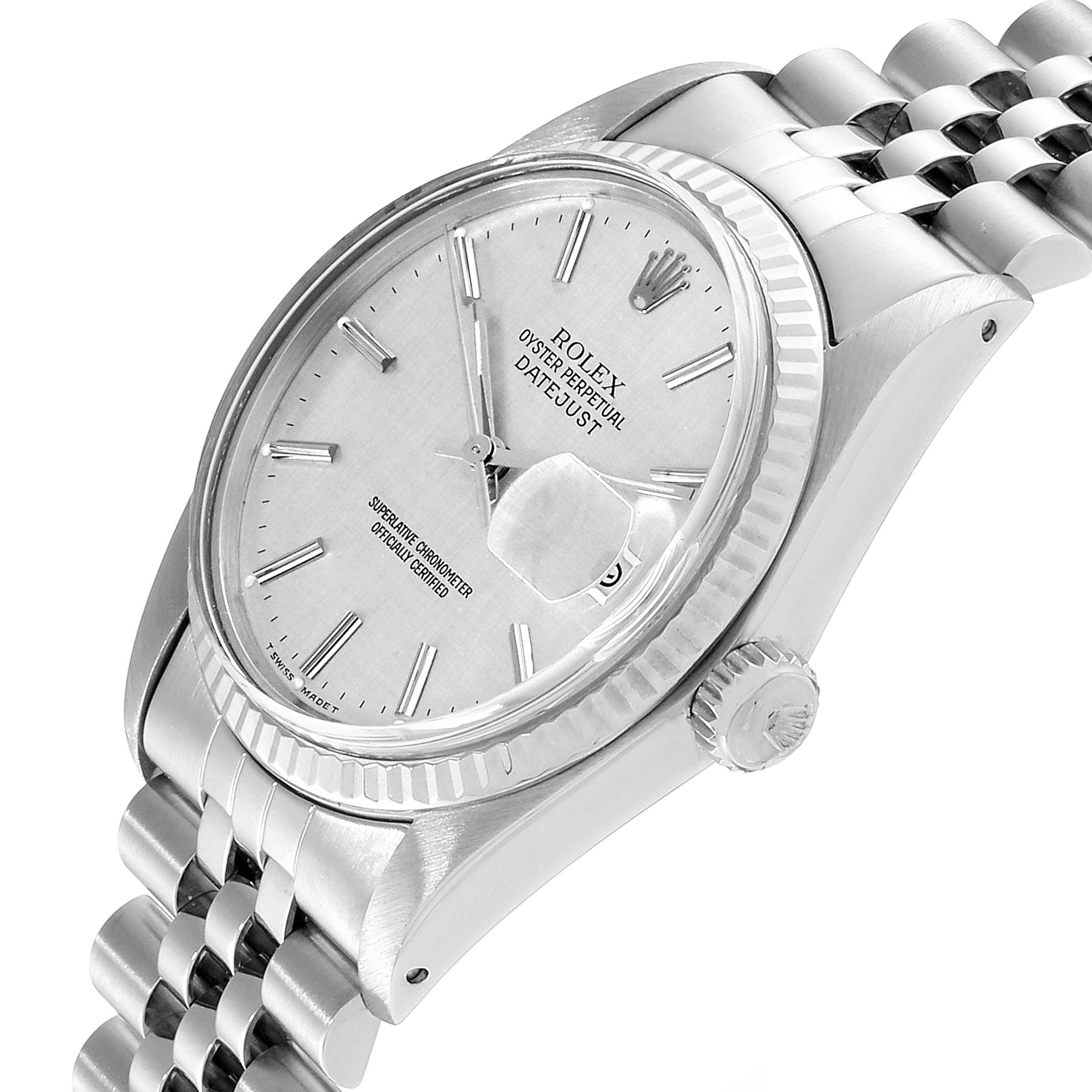 The image shows a close-up, angled view of the Rolex Datejust 16014 Men
s Stainless Steel Silver Dial 16014 Men
s Stainless Steel Silver Dial watch, highlighting the dial, bezel, crown, and part of the bracelet.