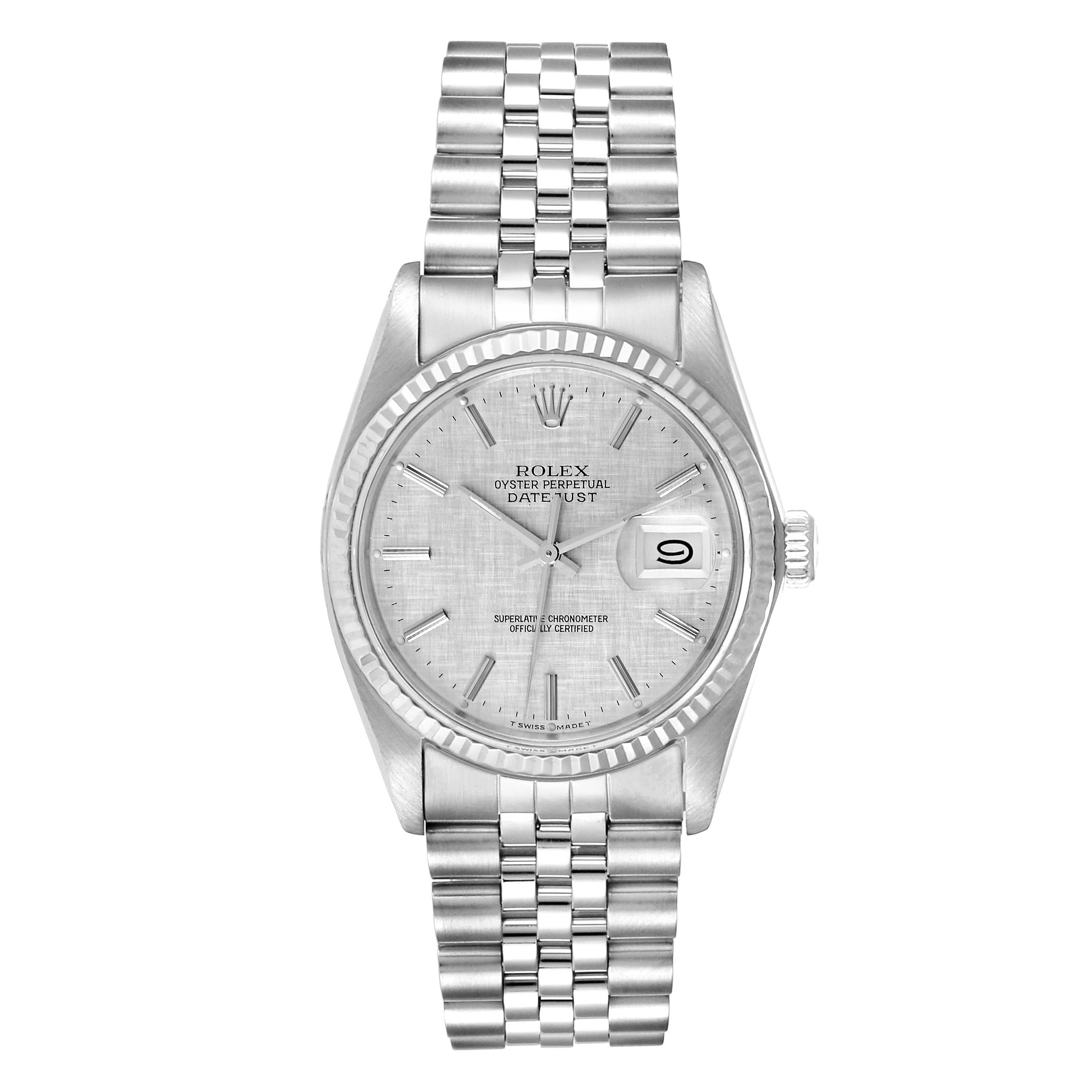 The image shows a front view of a Rolex Datejust 16014 Men
s Stainless Steel Silver Dial 16014 Men
s Stainless Steel Silver Dial watch, highlighting its dial, bezel, crown, and bracelet.