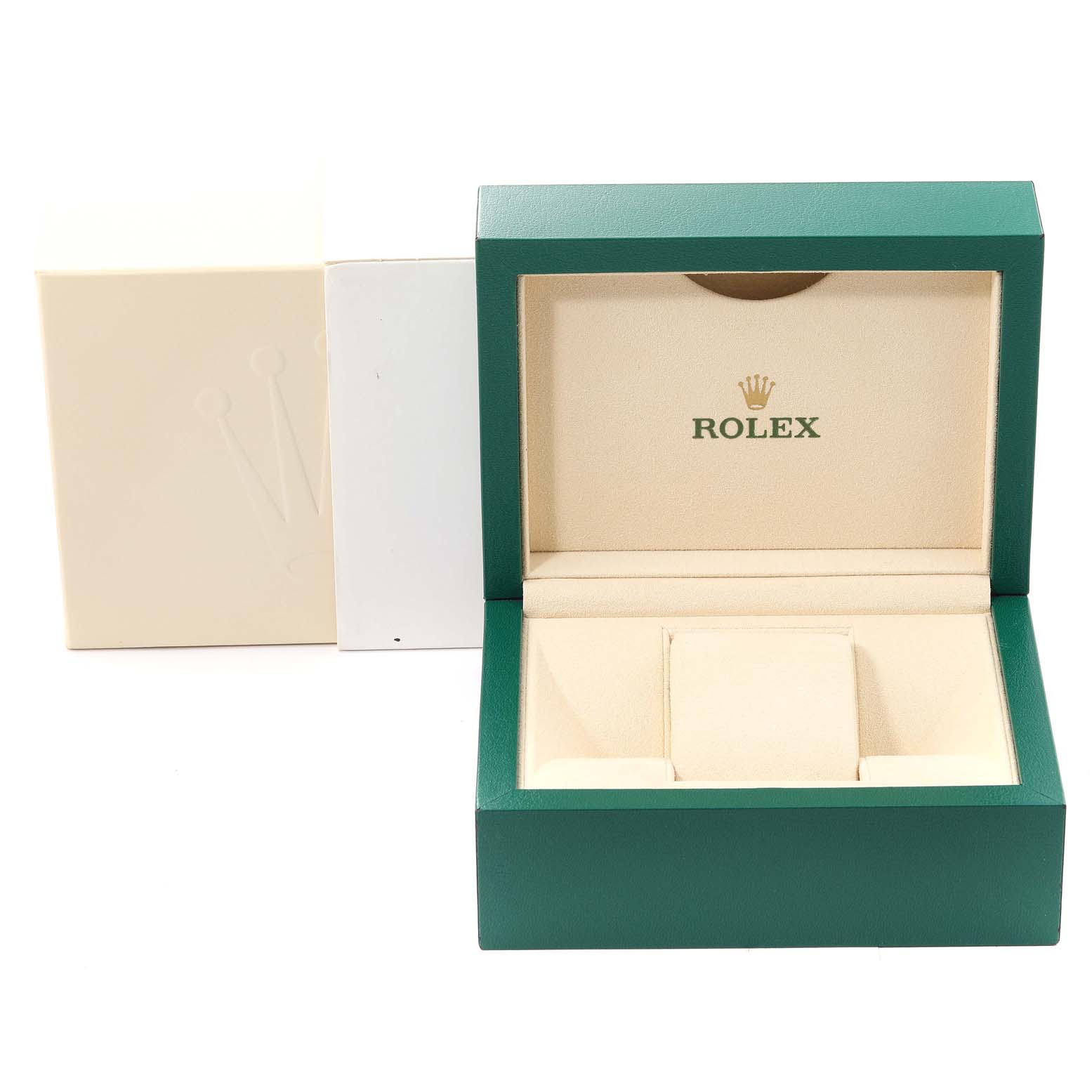 This image shows a Rolex Mid-Size 178274 Women
s Stainless Steel White Dial 178274 Women
s Stainless Steel White Dial model
s green and beige presentation box and its outer packaging.