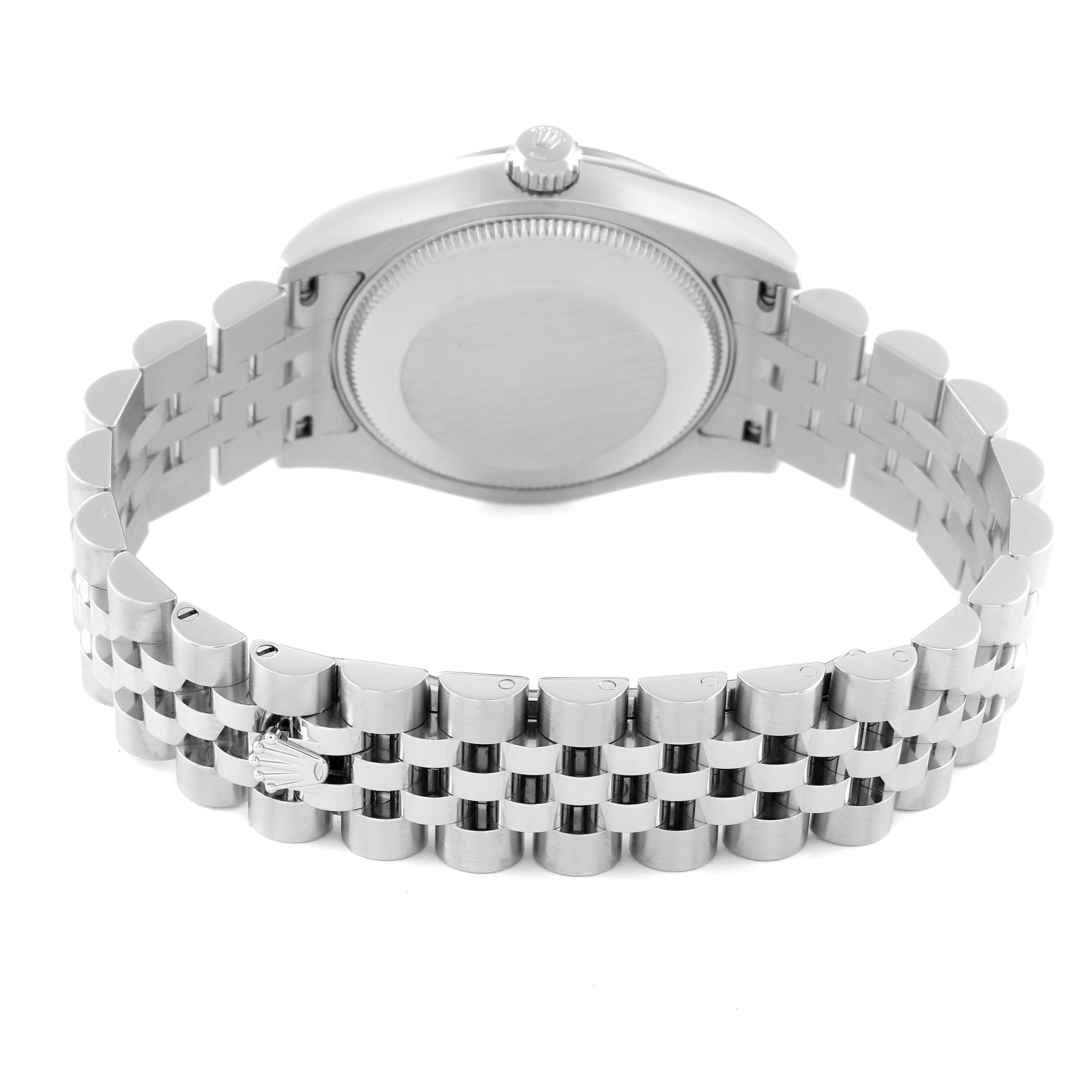 The image shows the back view of a Mid-Size Rolex watch, focusing on the bracelet and case back.