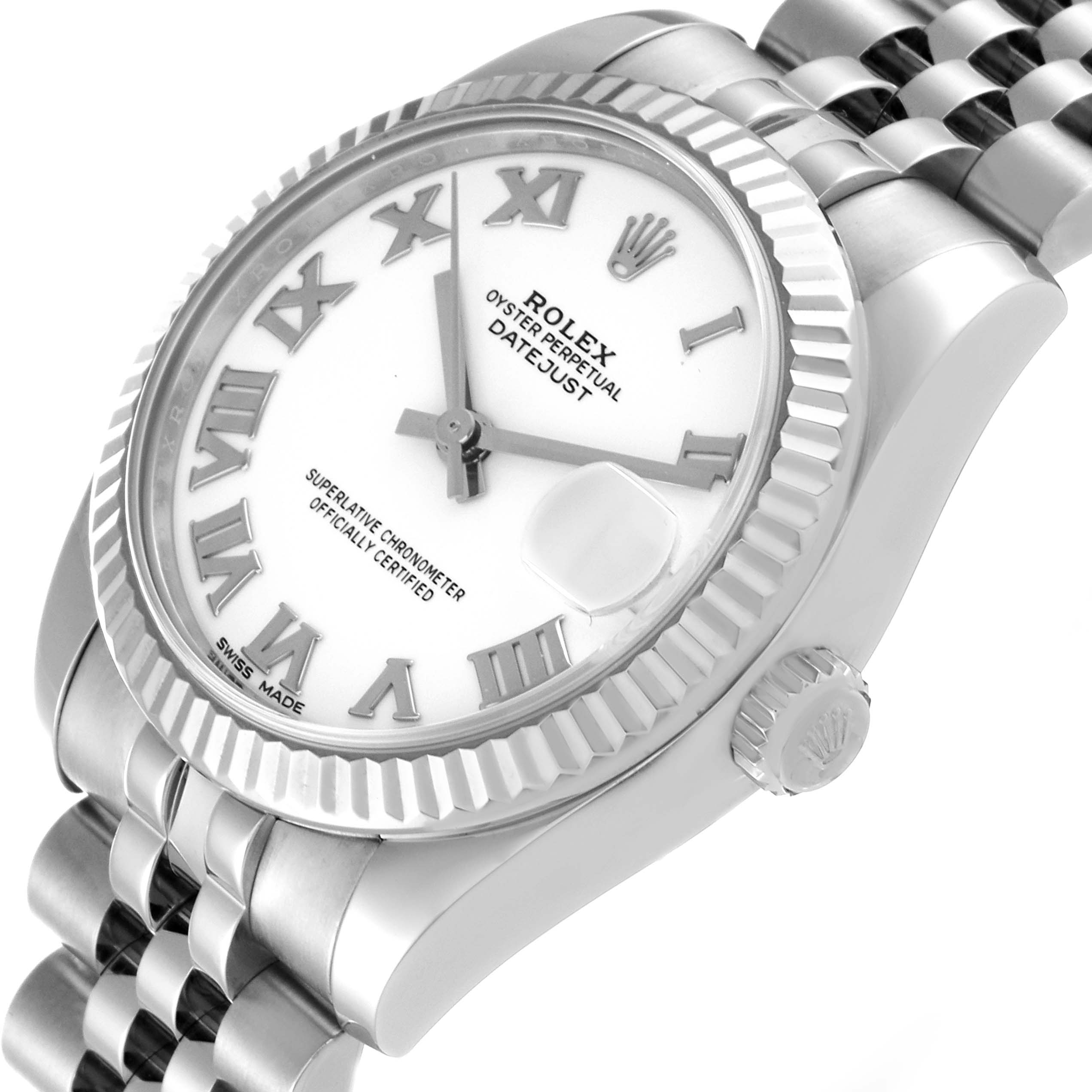 The image shows a Rolex Mid-Size 178274 Women
s Stainless Steel White Dial 178274 Women
s Stainless Steel White Dial Datejust watch at an angled view, highlighting the face, bezel, crown, and bracelet.