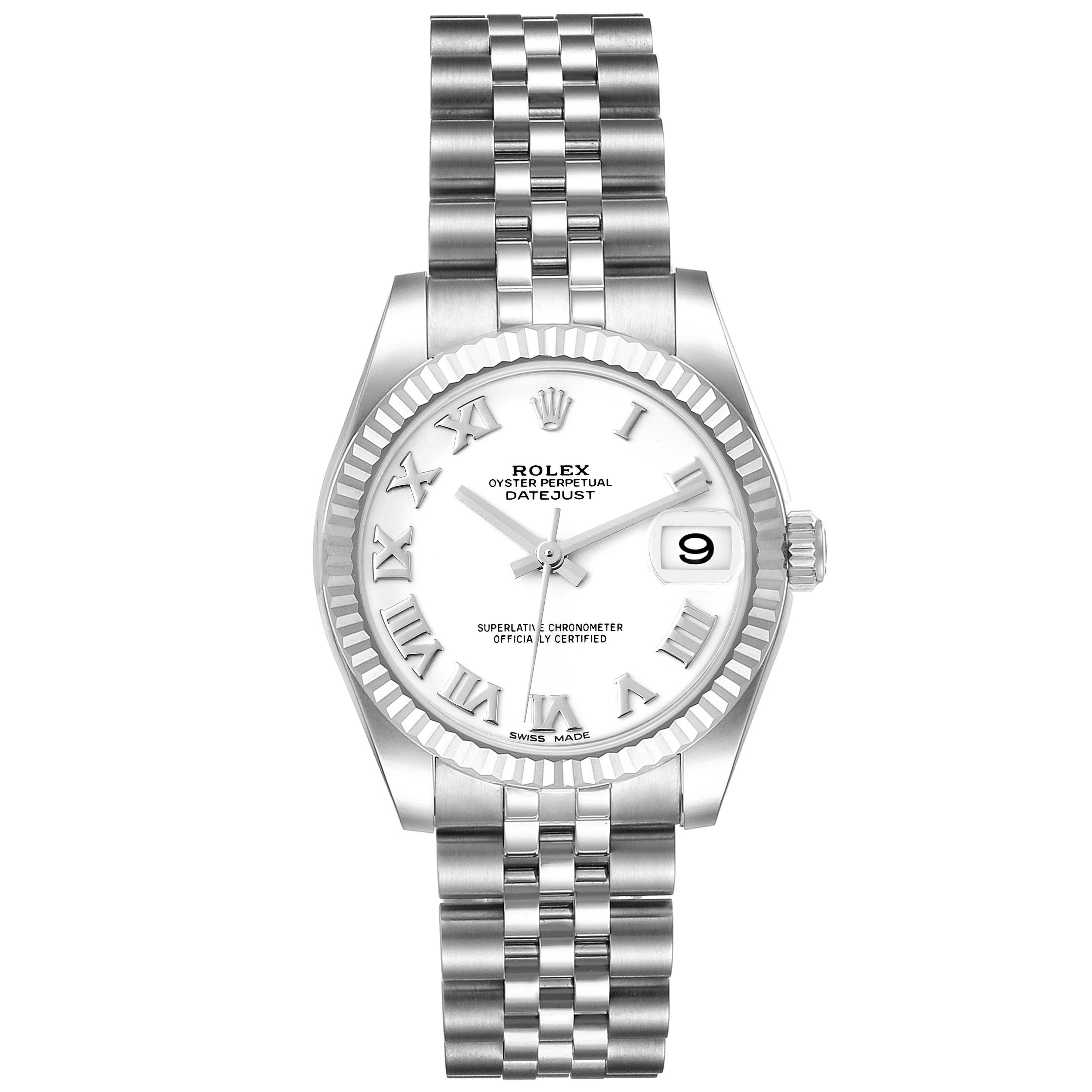 The Rolex Mid-Size 178274 Women
s Stainless Steel White Dial 178274 Women
s Stainless Steel White Dial Datejust watch is shown from the front, displaying the dial, bezel, and bracelet.