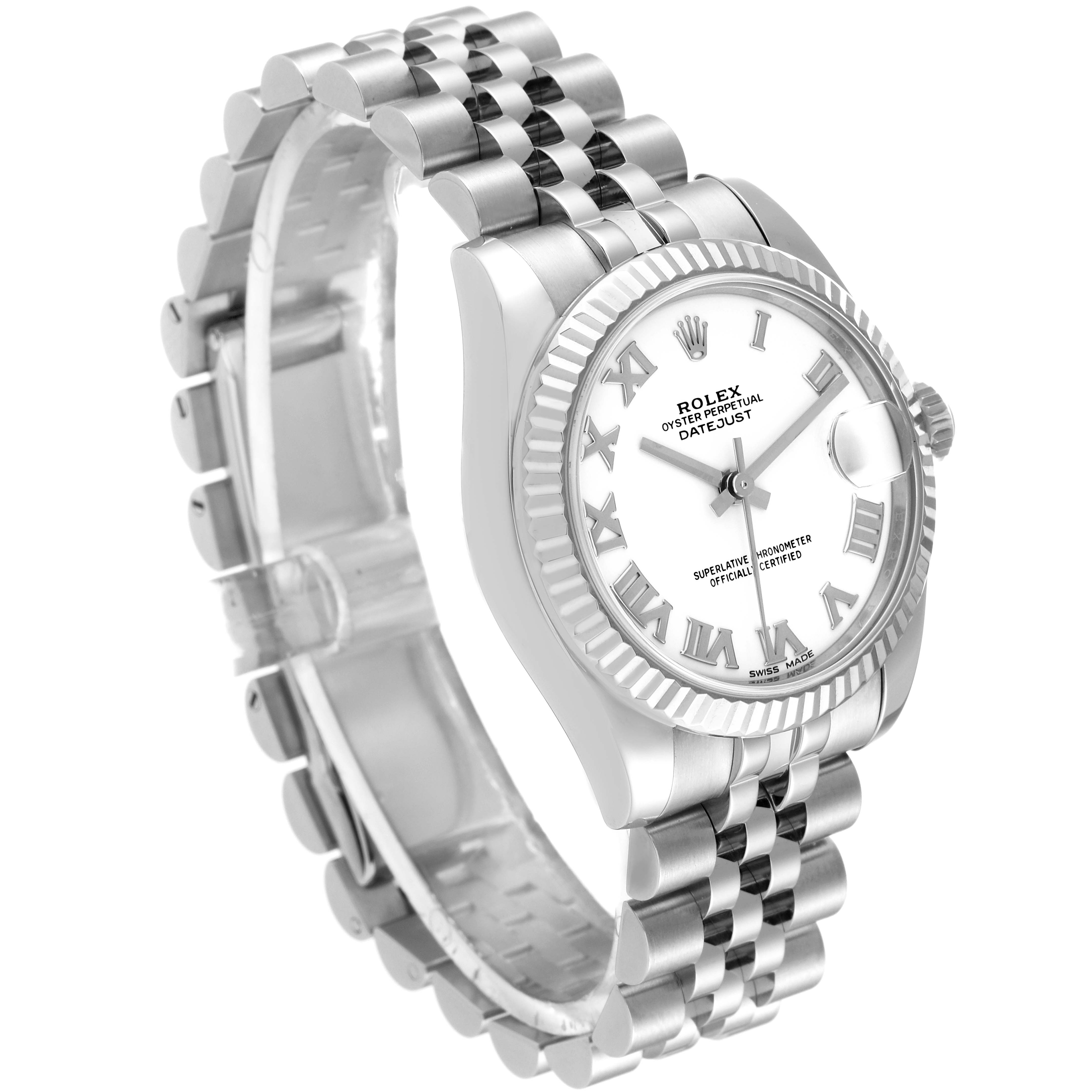 The Rolex Mid-Size 178274 Women
s Stainless Steel White Dial 178274 Women
s Stainless Steel White Dial Datejust watch is shown at an angled side view, displaying the face, fluted bezel, and Jubilee bracelet.
