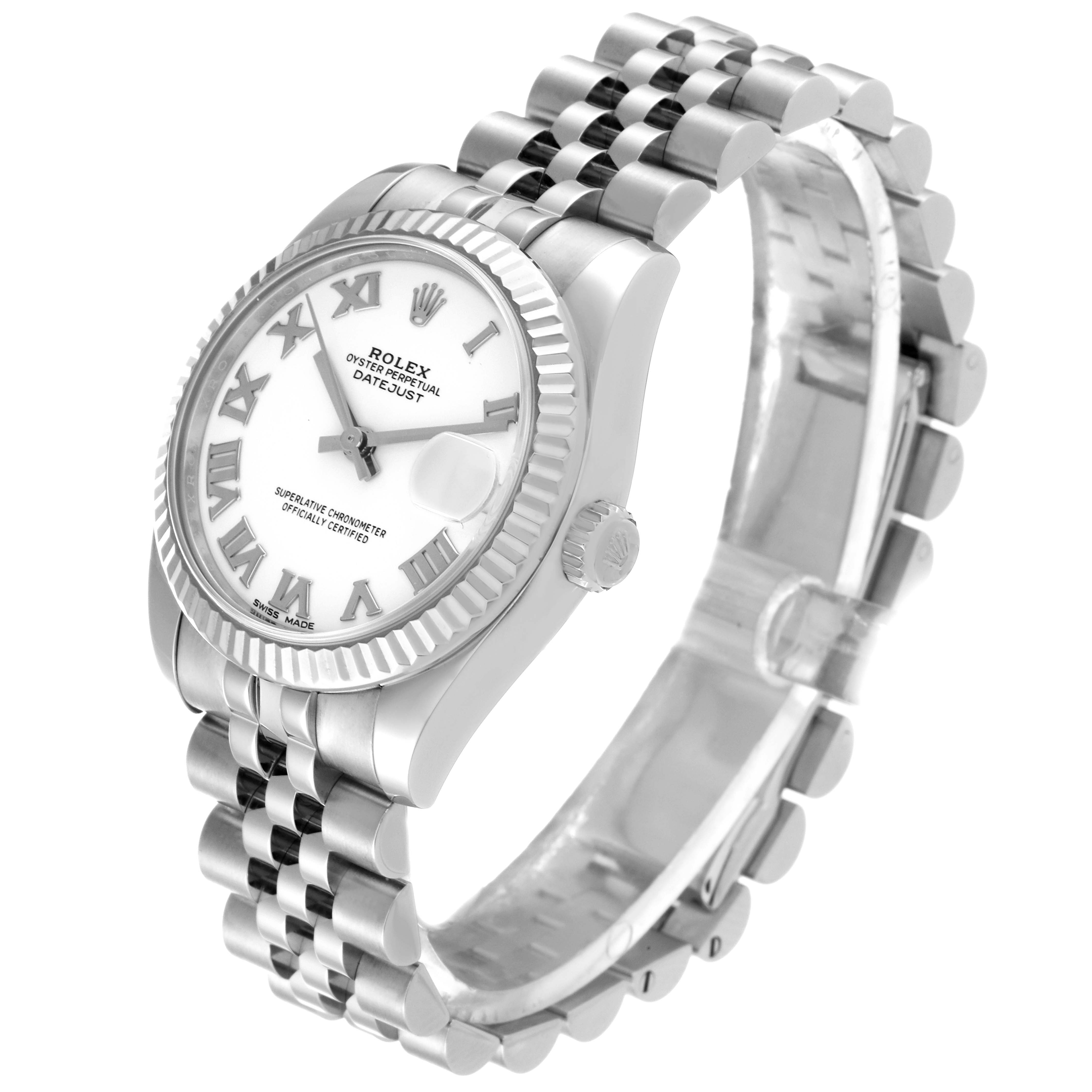 The image shows an angled view of a Rolex Mid-Size 178274 Women
s Stainless Steel White Dial 178274 Women
s Stainless Steel White Dial Datejust, highlighting the face, bezel, and bracelet.