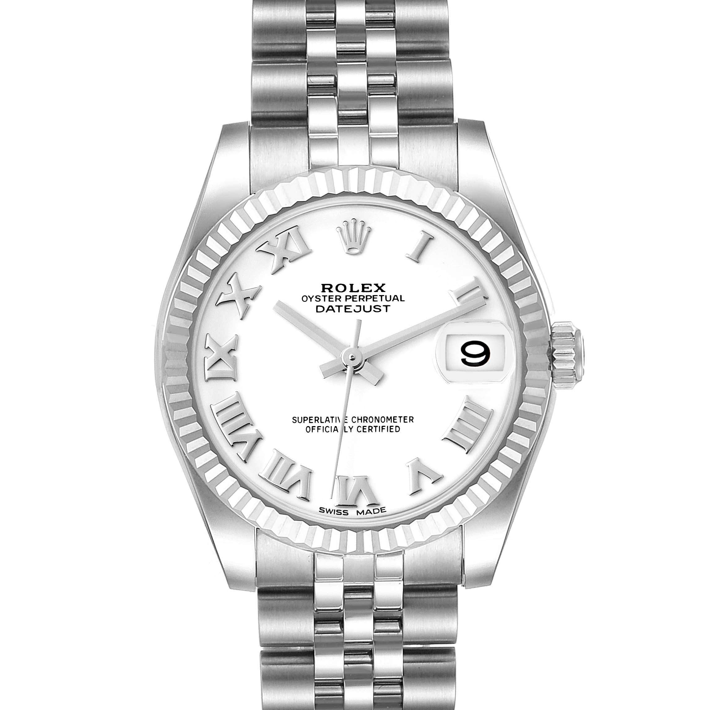 The image shows a front view of the Rolex Oyster Perpetual Datejust Mid-Size watch, highlighting the dial, bezel, and bracelet.