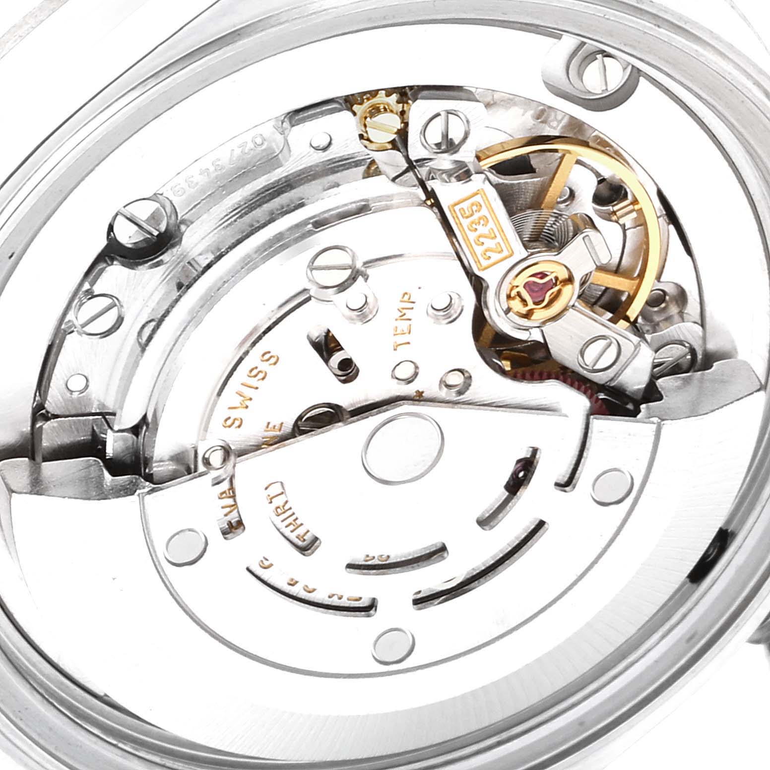 This is a close-up view of the internal mechanism of a Rolex Mid-Size 78274 Women's Stainless Steel Pink Dial 78274 Women's Stainless Steel Pink Dial watch, showcasing gears and movement components.