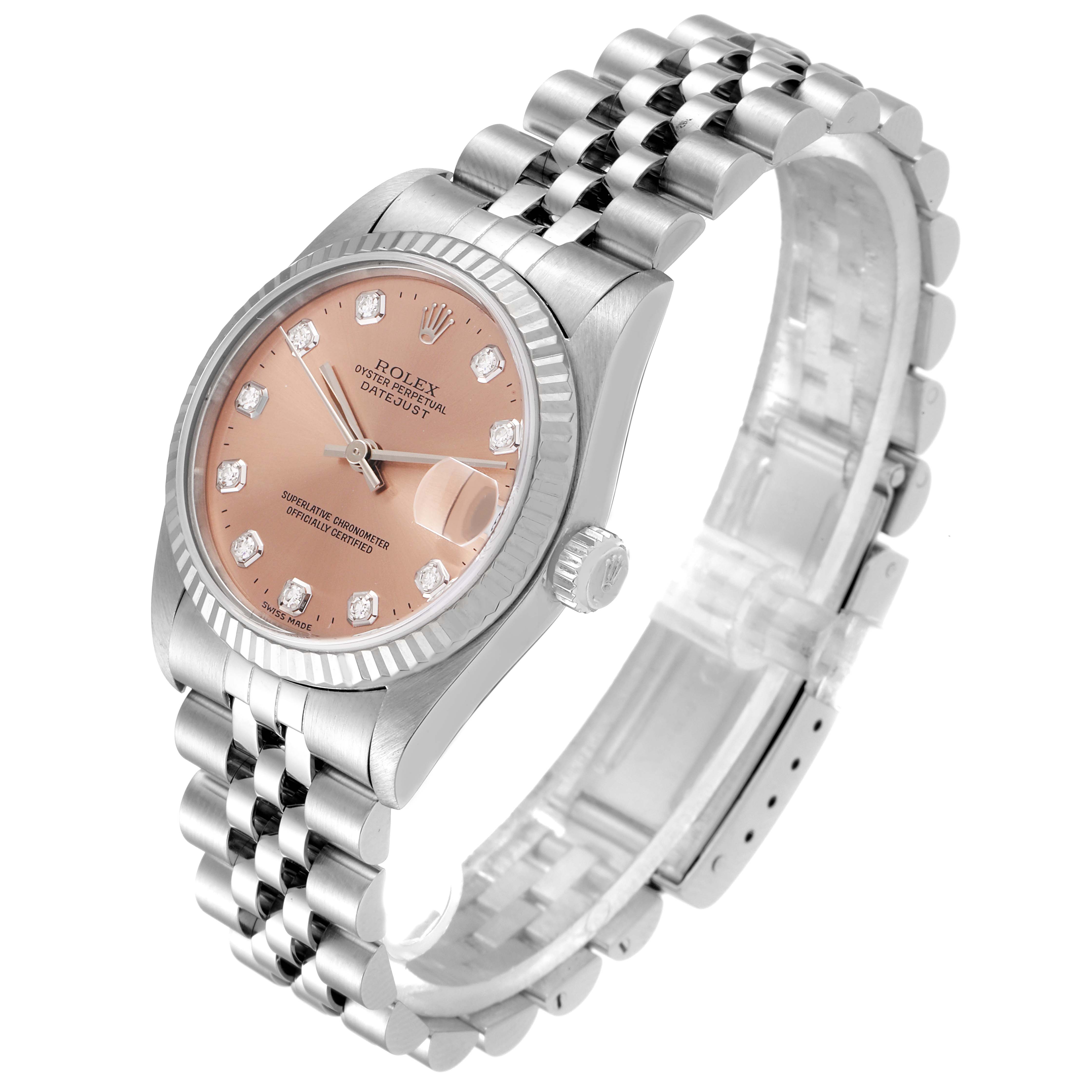 The image shows a Rolex Mid-Size 78274 Women's Stainless Steel Pink Dial 78274 Women's Stainless Steel Pink Dial model watch at a tilted angle, highlighting the dial, case, and bracelet.