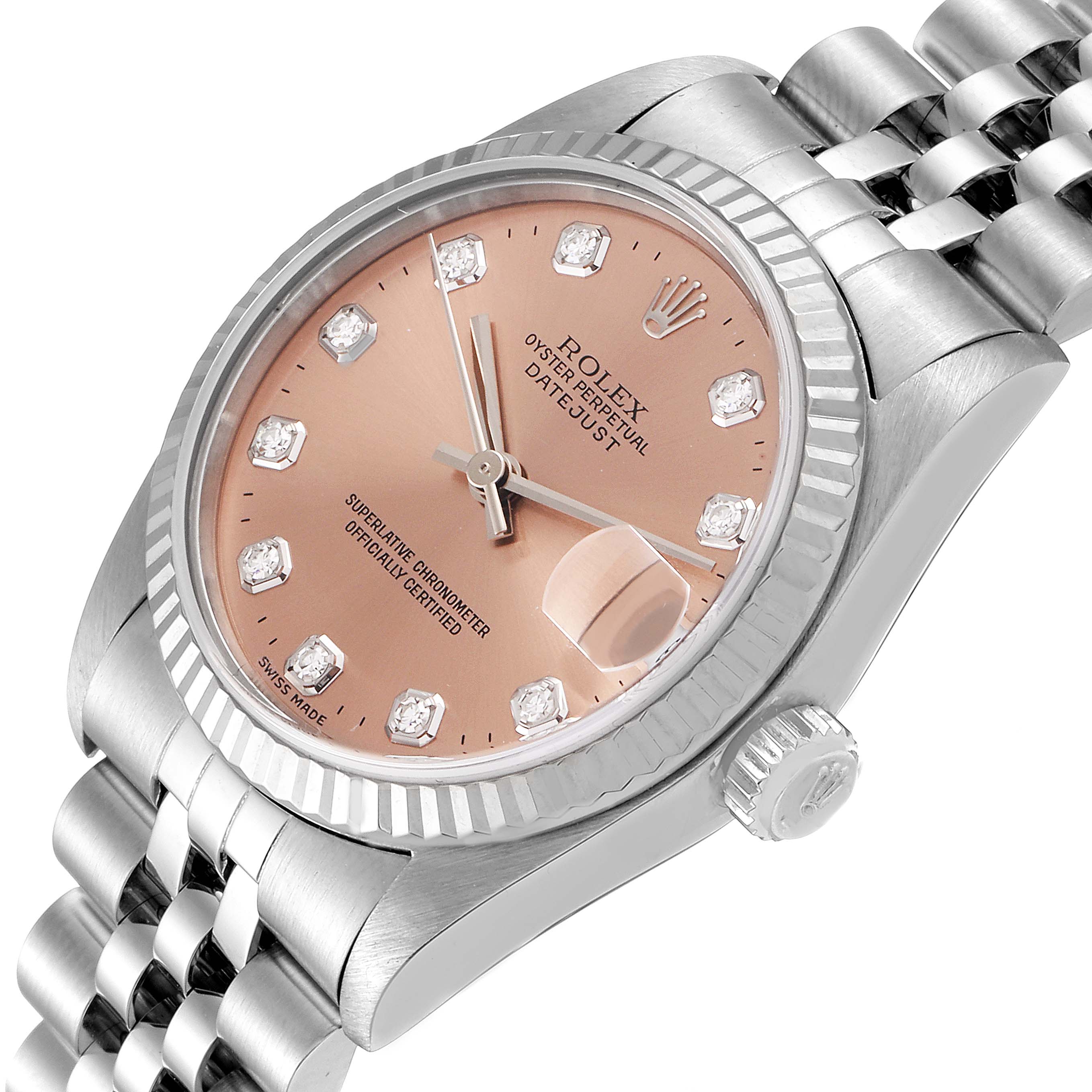 This image shows a Rolex Mid-Size 78274 Women's Stainless Steel Pink Dial 78274 Women's Stainless Steel Pink Dial Datejust watch at a three-quarter angle, showcasing its face, case, and part of the metal bracelet.