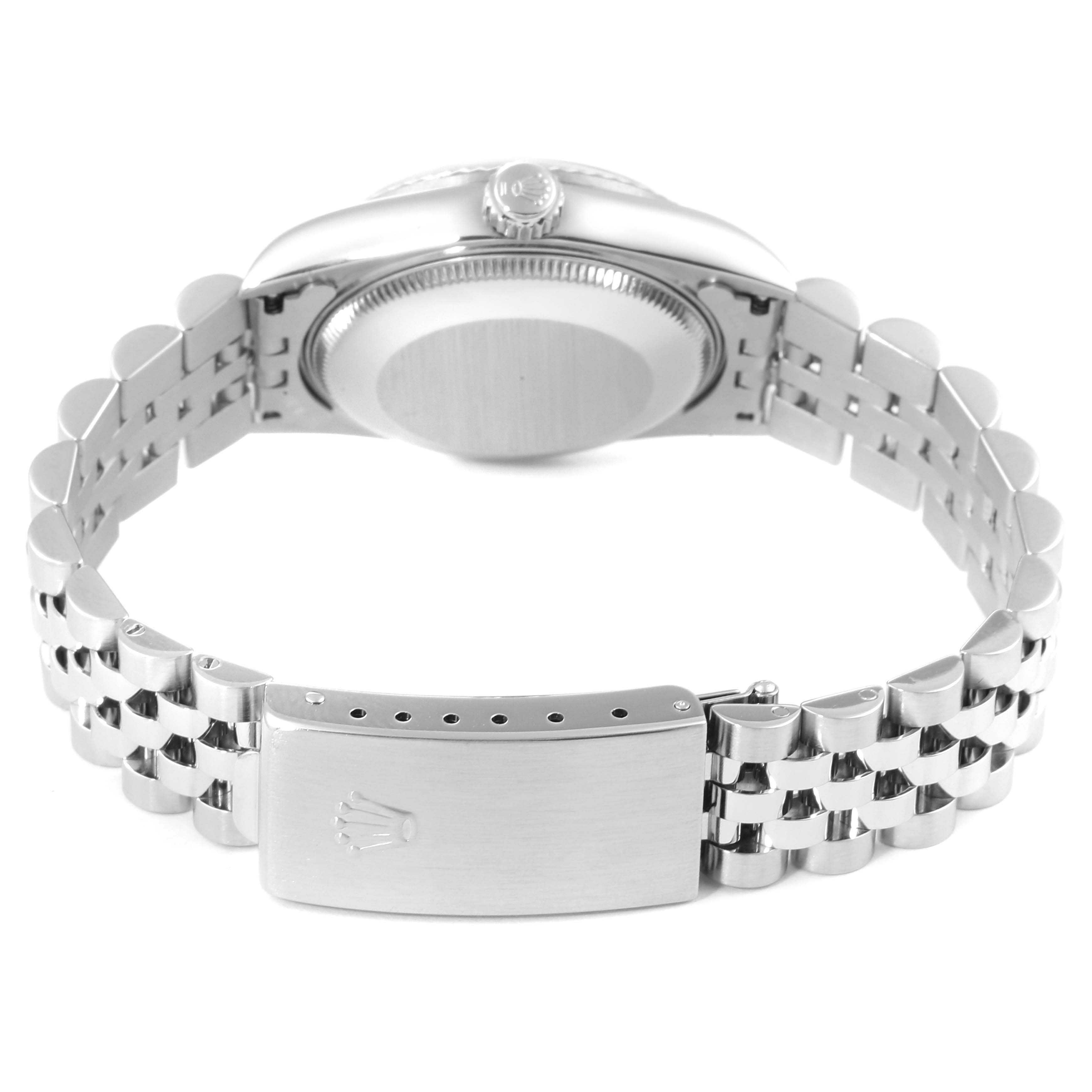 This image shows the side and back view of the Rolex Mid-Size 78274 Women's Stainless Steel Pink Dial 78274 Women's Stainless Steel Pink Dial model watch, focusing on the bracelet and clasp.