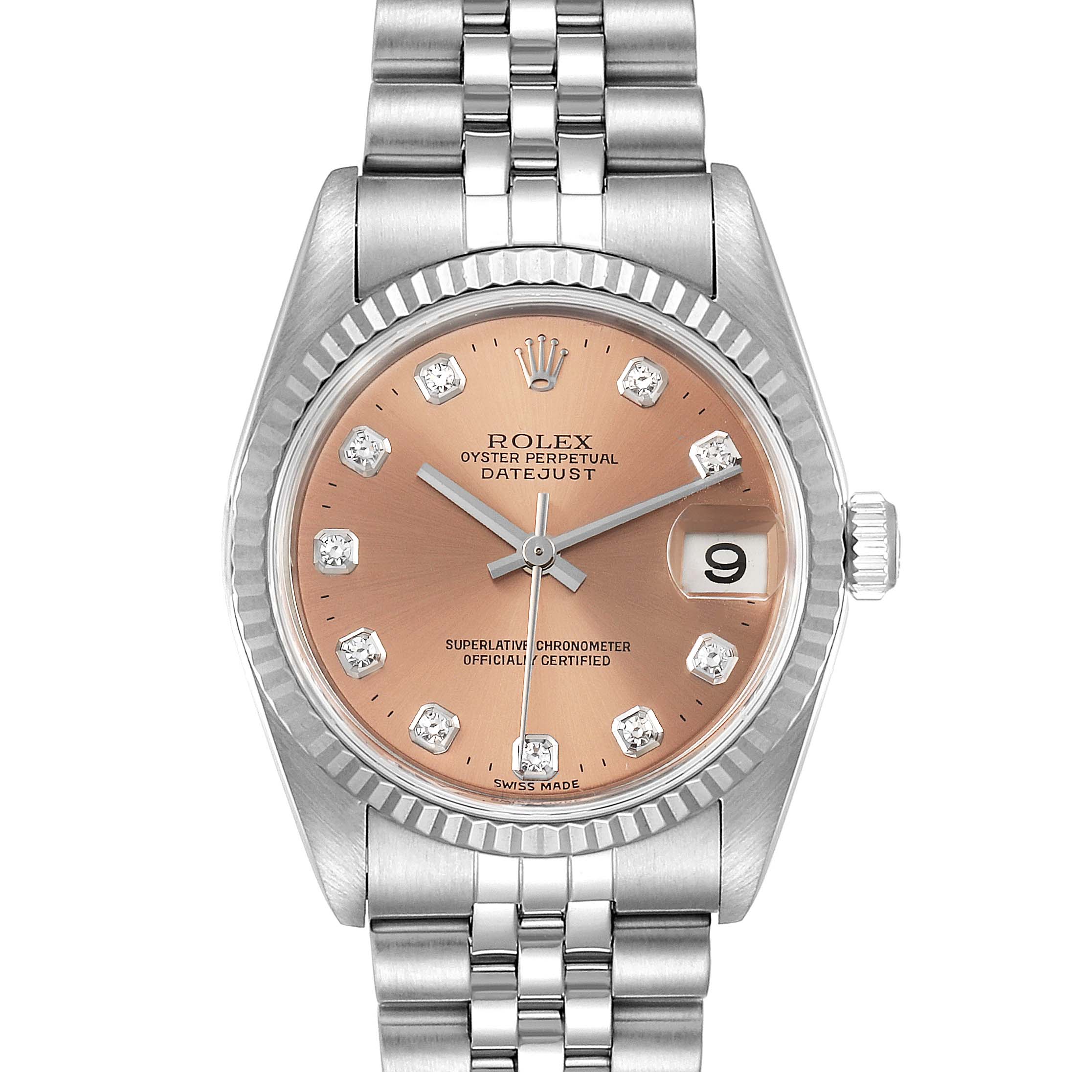This image shows a Rolex Datejust Mid-Size watch from a front angle, highlighting the dial, bracelet, and bezel.