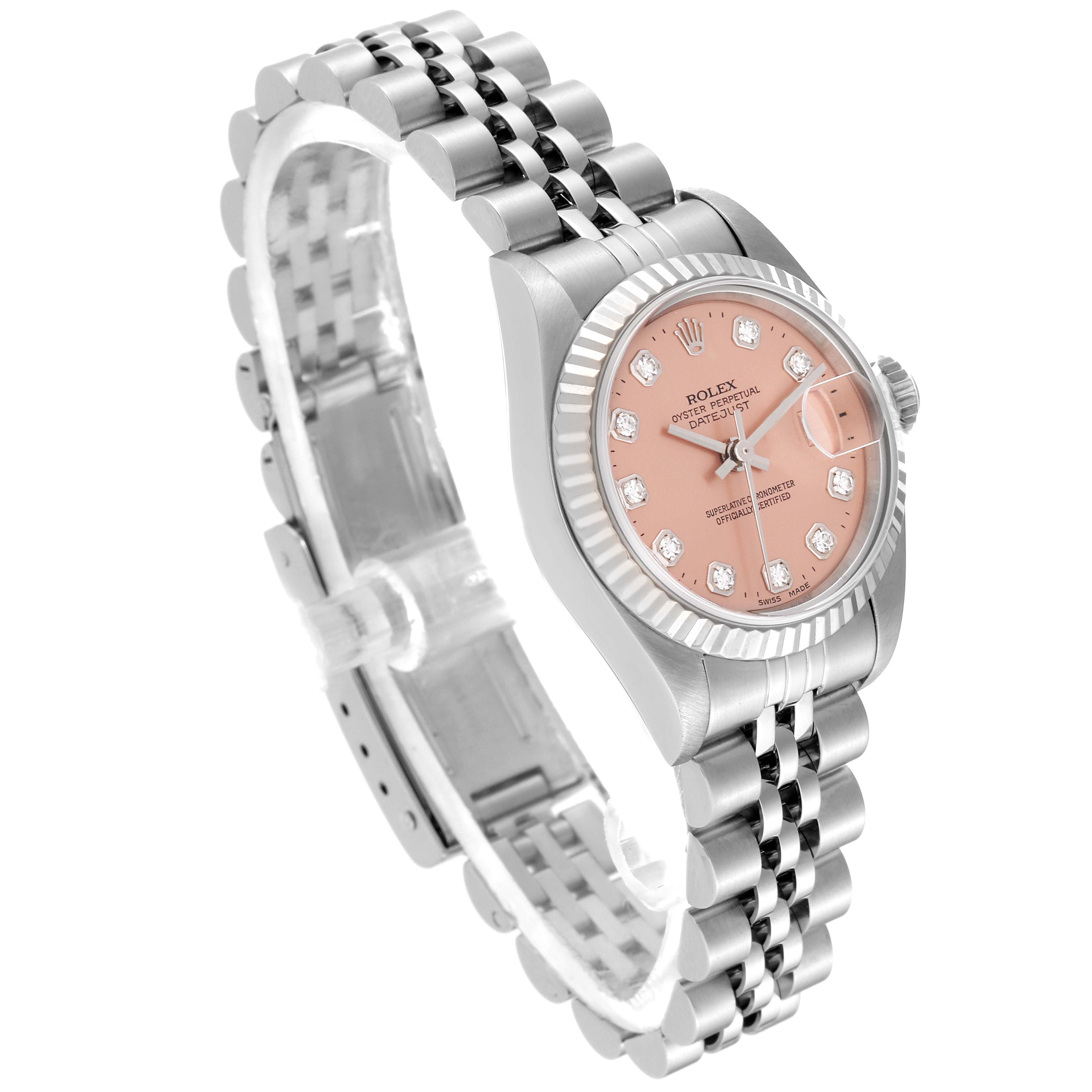The Rolex Datejust 69174 Women's Stainless Steel Pink Dial 69174 Women's Stainless Steel Pink Dial watch is shown from a 3/4 angle, highlighting its pink dial, bezel, and jubilee bracelet.