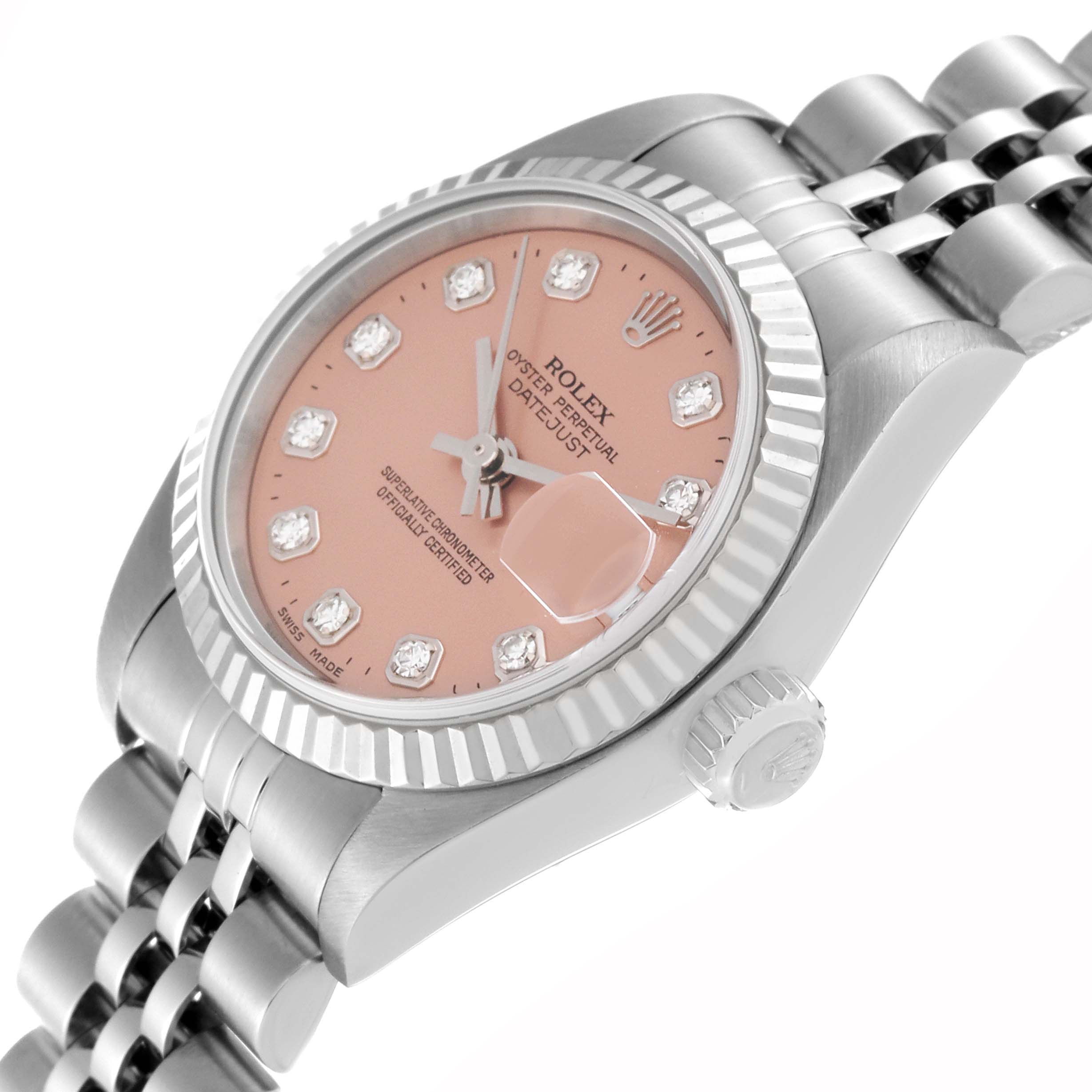 The Rolex Datejust 69174 Women's Stainless Steel Pink Dial 69174 Women's Stainless Steel Pink Dial watch is shown at a slight angle, highlighting its dial, case, fluted bezel, and part of the Jubilee bracelet.