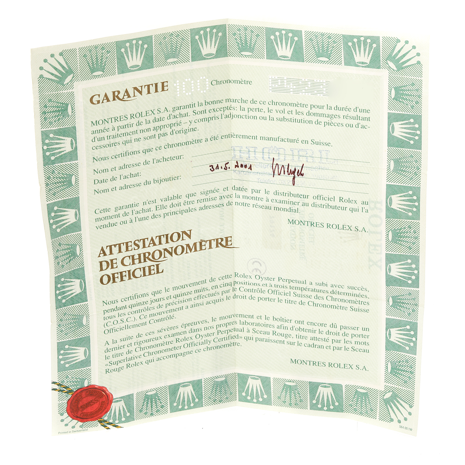 The image shows an official warranty certificate for a Rolex Datejust 69174 Women's Stainless Steel Pink Dial 69174 Women's Stainless Steel Pink Dial watch, displayed flat and fully visible.