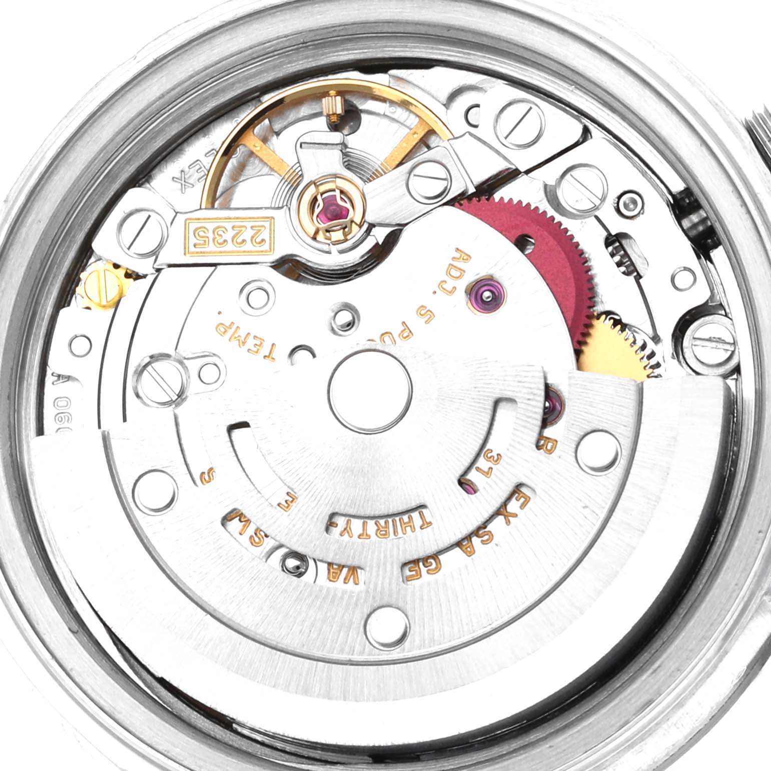 This image shows a close-up view of the internal mechanism of a Rolex Datejust 69174 Women's Stainless Steel Pink Dial 69174 Women's Stainless Steel Pink Dial watch.