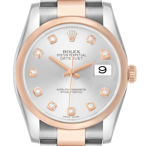 The Rolex Datejust 116201 Men's Steel and Gold (two tone) Silver Dial watch is shown from a front angle, displaying the dial, bezel, and part of the bracelet.