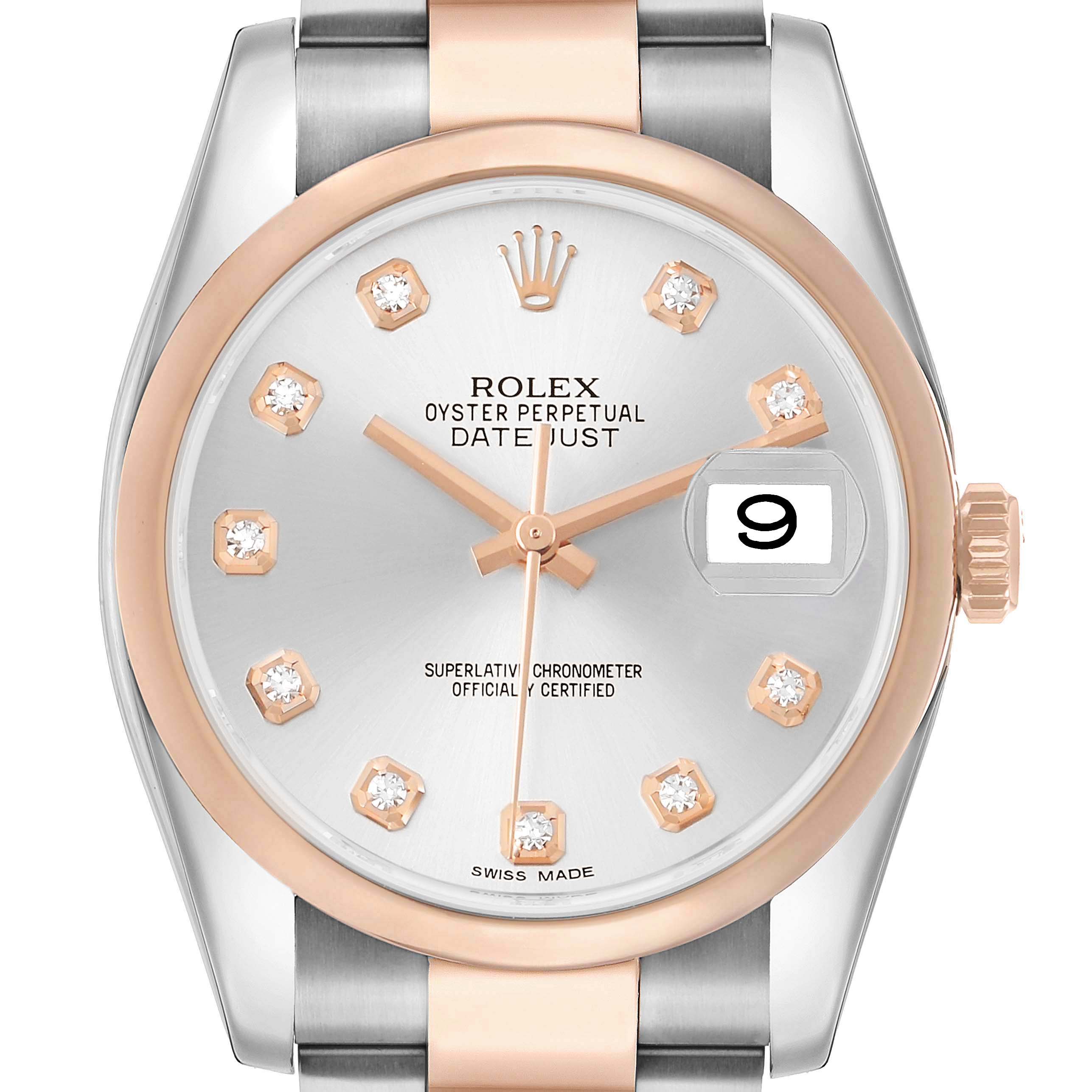 The Rolex Datejust 116201 Men's Steel and Gold (two tone) Silver Dial watch is shown from the front, featuring the dial, hands, bezel, and part of the bracelet.