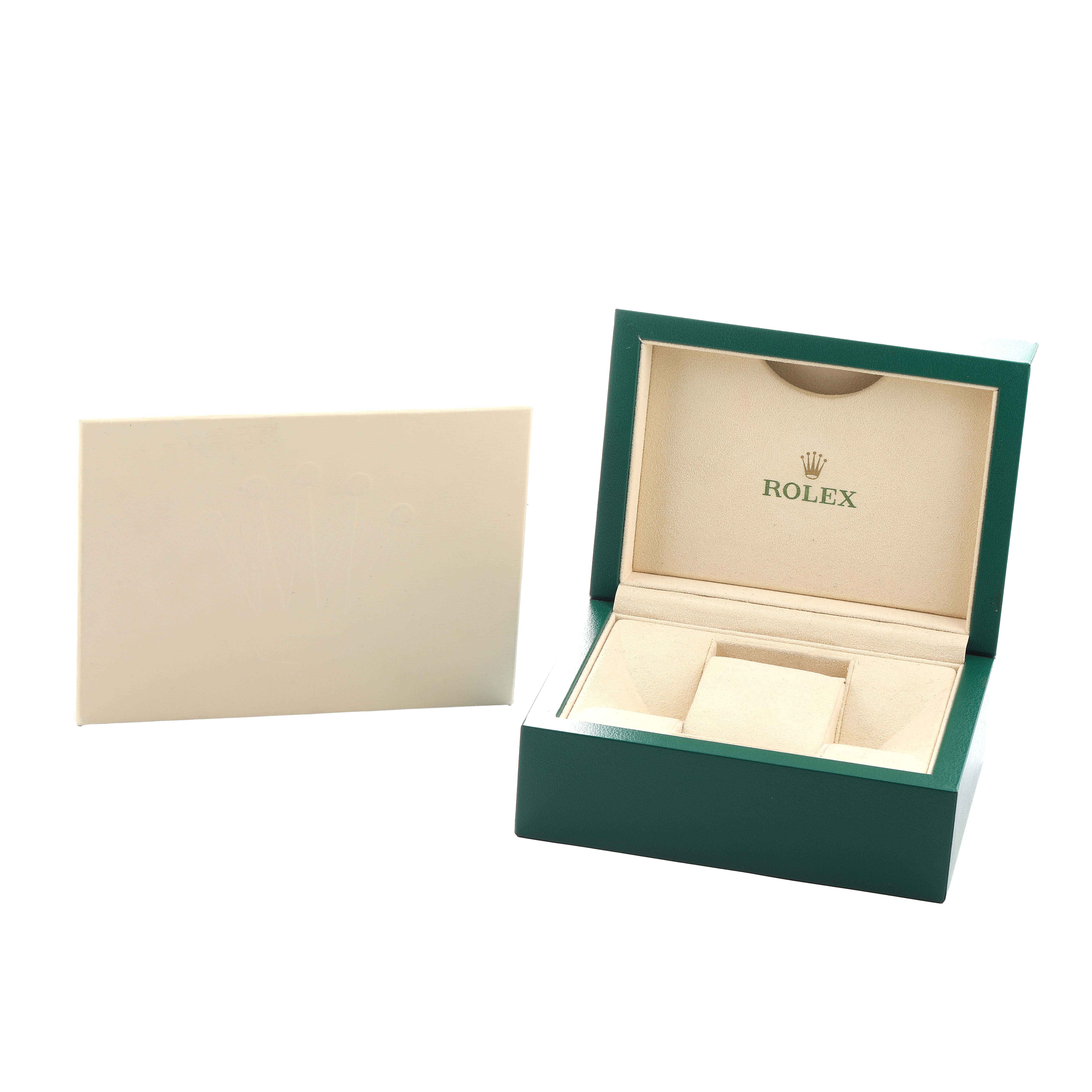The image shows a Rolex Datejust 116201 Men's Steel and Gold (two tone) Silver Dial watch box and an outer paper case from a front angle.